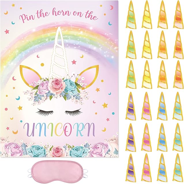 WERNNSAI Pin the Horn on the Unicorn Game - 51×73cm Unicorn Party Game for Kids Girls with 24 PCs Horns Unicorn Birthday Party Supplies for Wall Home Room Decorations