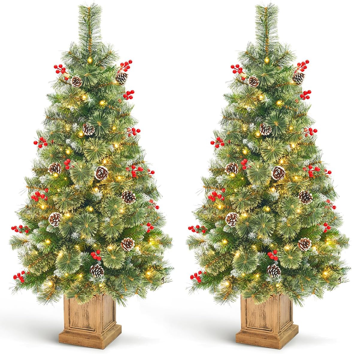 4FT Christmas Tree with 100 Lights, Potted Artificial Christmas Tree Outdoor Decor 8 Mode Timer Waterproof with Real-Like Tips & Round Branches for Front Door, Porch, 2 Pack (Green) (White)