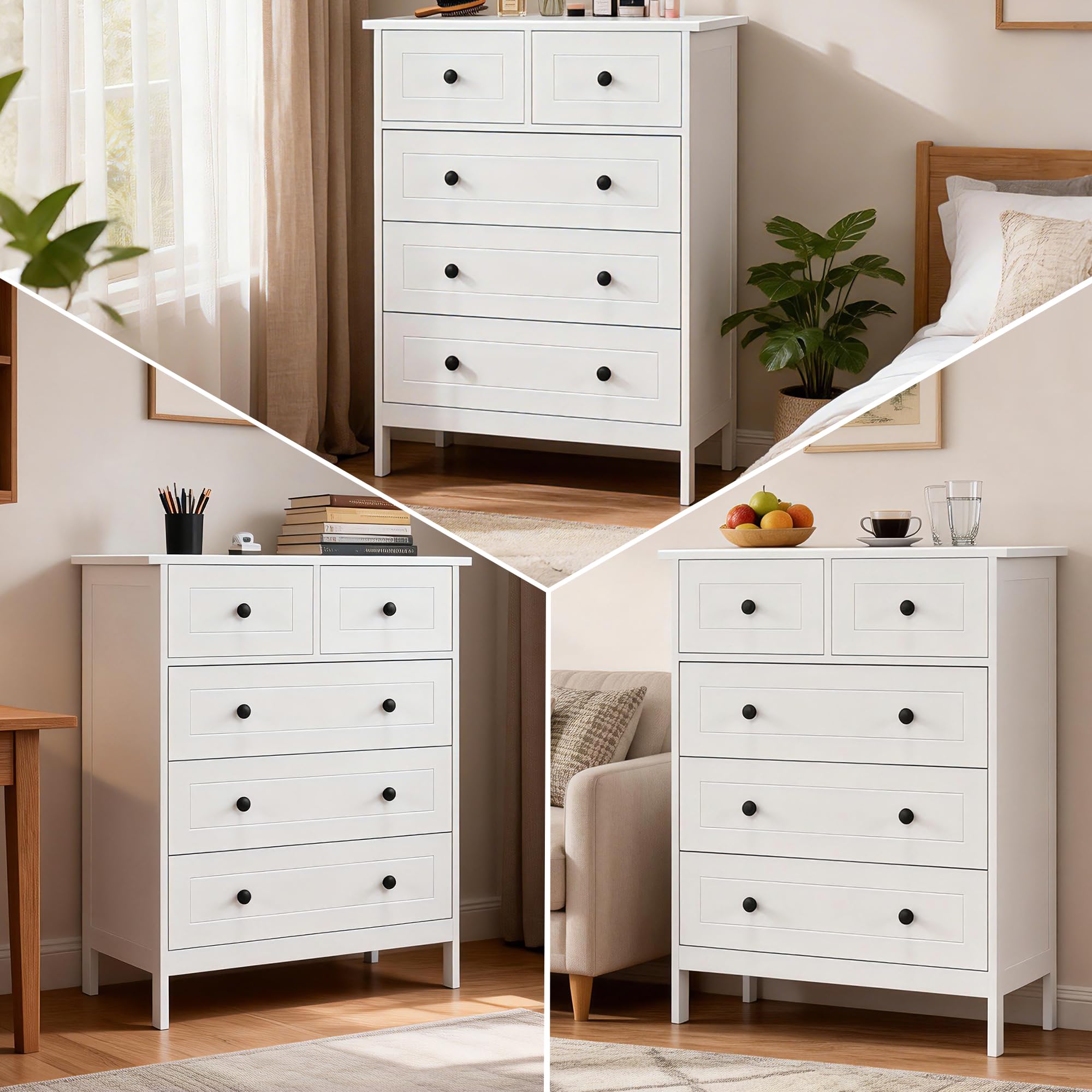 HOMCOM Cassettiera Camera da Letto, Cassettiera 5 Cassetti in Legno con Maniglie, Comò Salvaspazio e Antiribaltamento, per Soggiorno, Camera da Letto e Ingresso, 74x40x91cm, Bianco