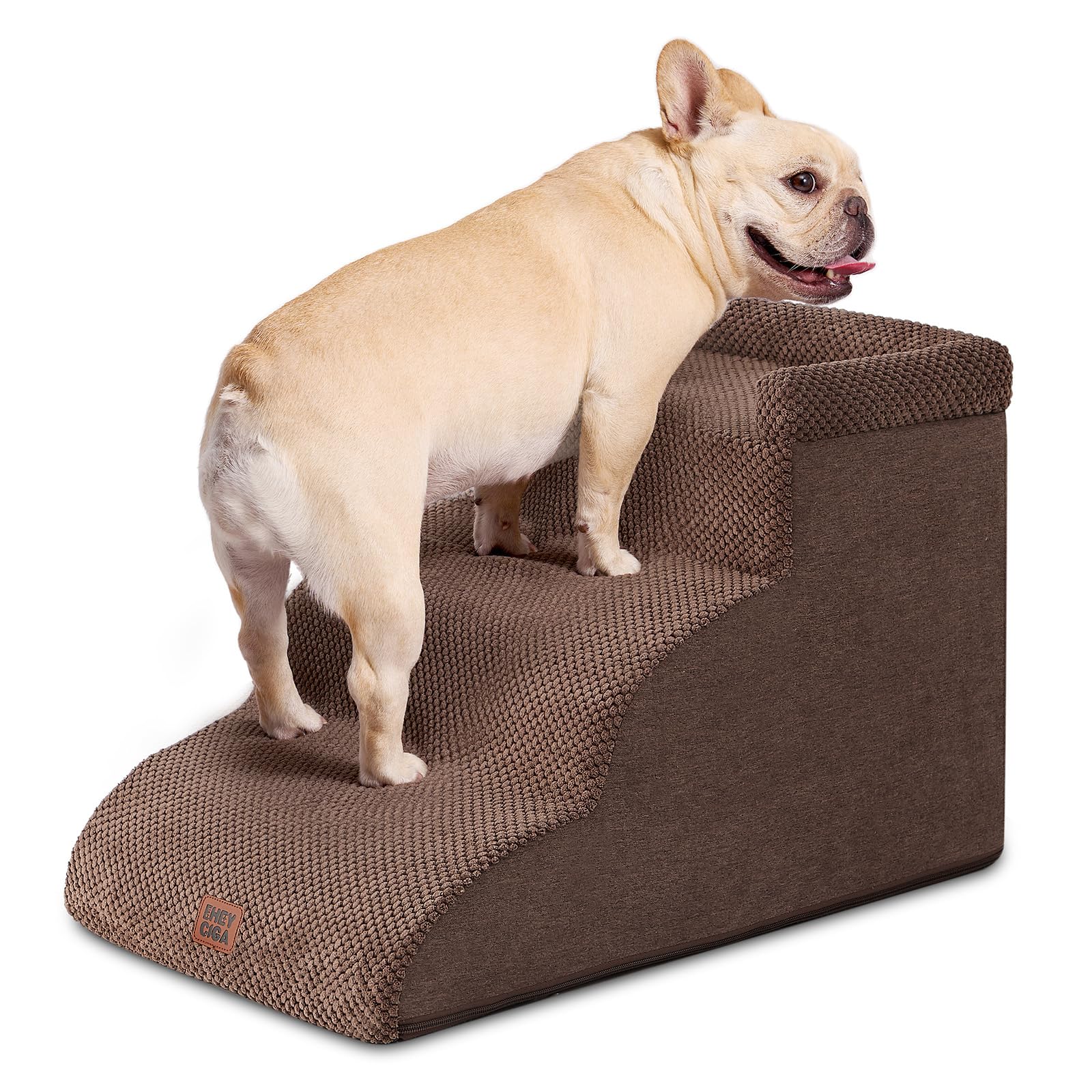 EHEYCIGA Hundetreppe für Kleine Hunde 35 cm Hoch, 3 Stufen, Braun | Rutschfeste Haustiertreppe für Sofa & Bett, Hochdichter Schaumstoff, Waschbarer Bezug, Gelenkschonend für Hunde & Katzen
