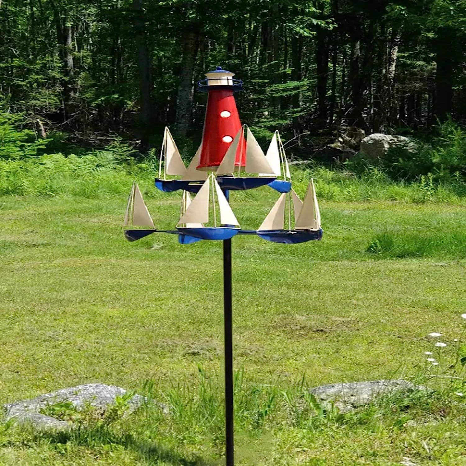 ZZYYZZ Sailboat & Lighthouse Whirligig Wind Spinner, Kinetic Art Windmills Sculpture, Whirligigs Sailboat Whirly Spinners, Garden Whirl Gigs Ornaments Decor, for Outdoor Yard Patio Lawn