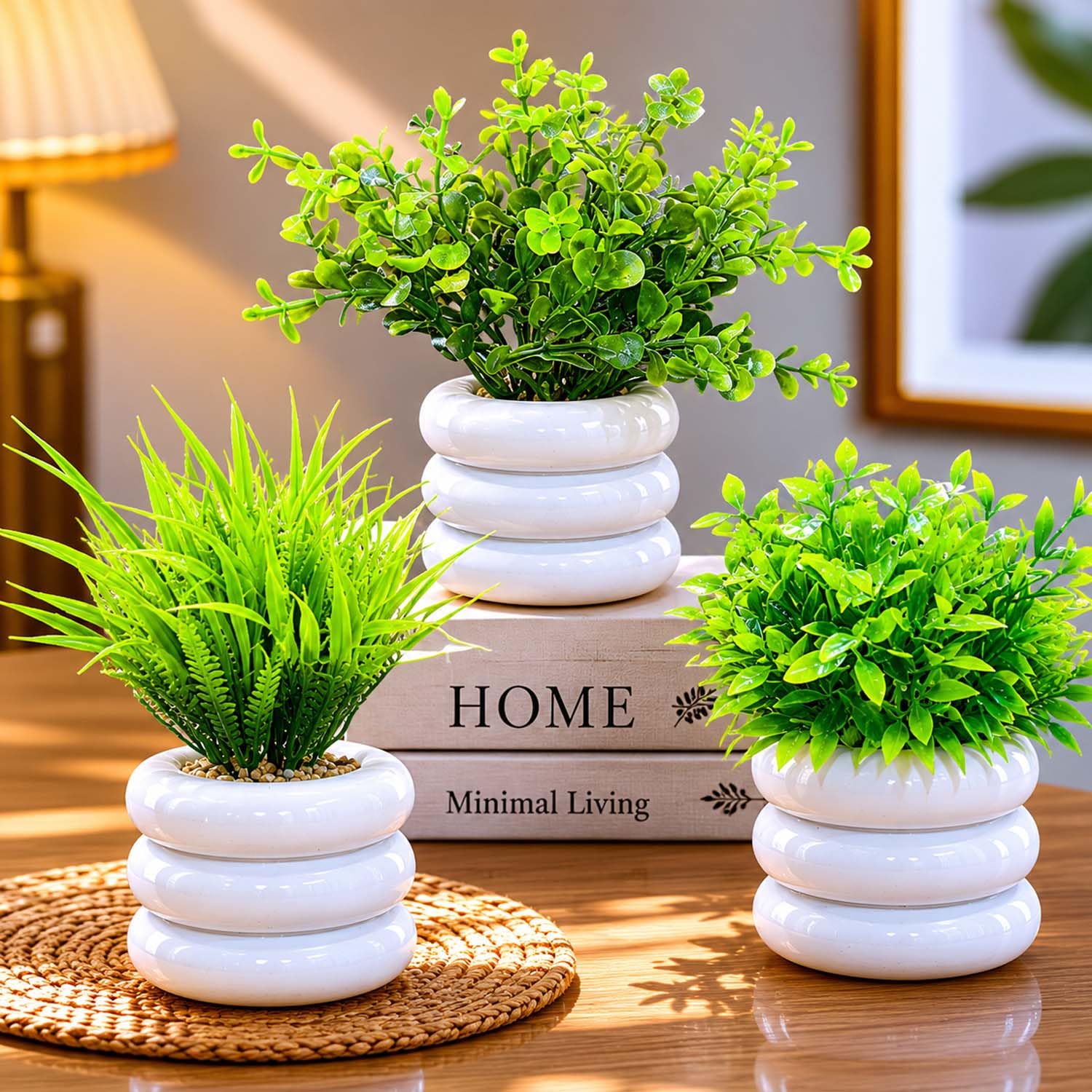 Bianco Artificial Mini Plant (3 Pack)| Small Faux Plants Home & Office Decor, Living Room, Bedroom, Tabletop & Shelves | Small Potted Plants | Stylish Round Pot-image-0