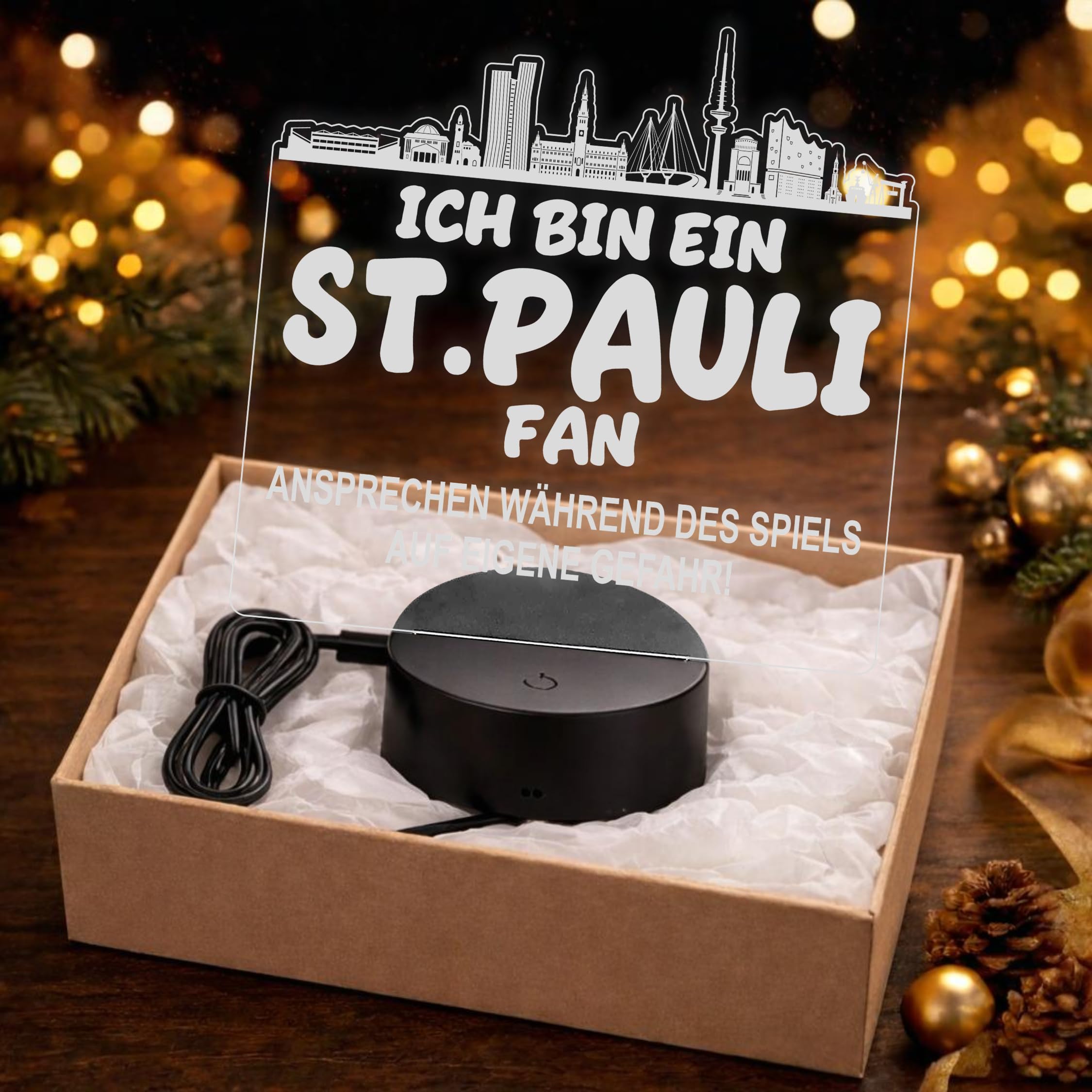 Lieblingsmensch St. Pauli Fan Fußball LED Nachtlicht – 3D Skyline Design „Ansprechen auf eigene Gefahr“ – RGB Farbwechsel mit Fernbedienung & Touch – Stimmungslicht für die Man Cave – 19x23cm