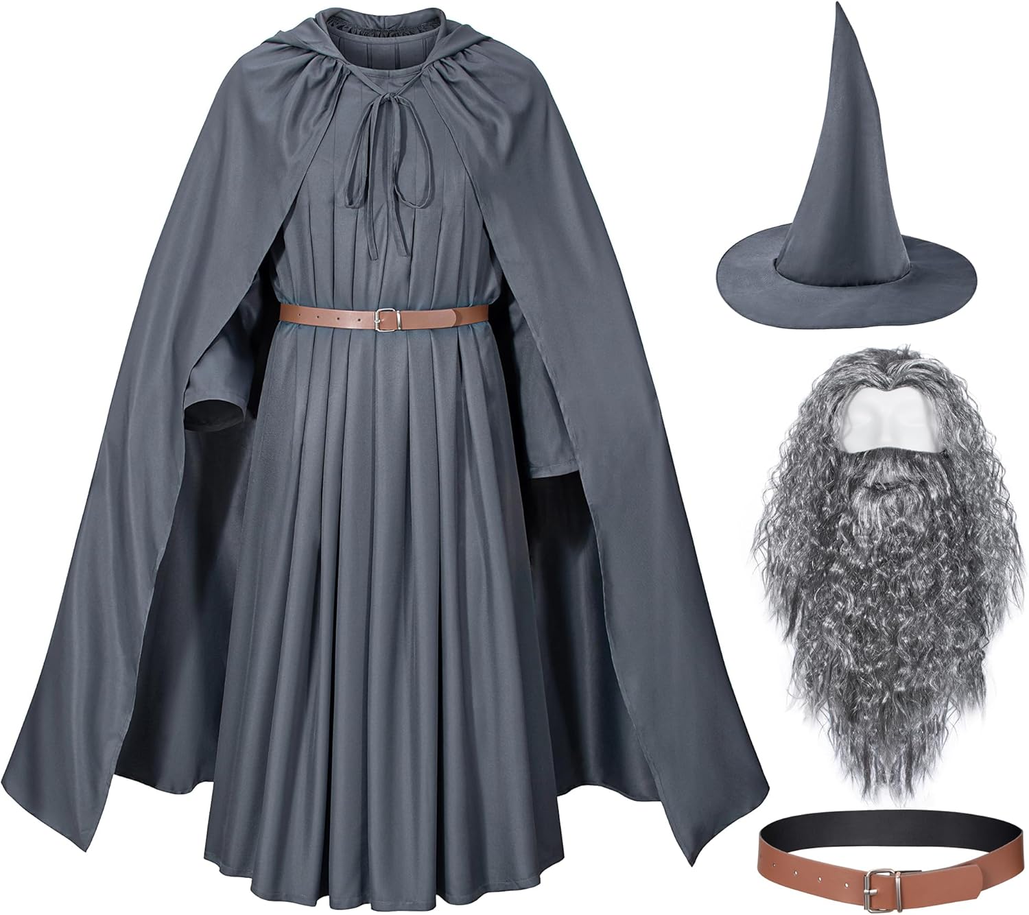 Grey Wizard Costume Mens Adult Robe Hooded Cloak Outfits Hat Full Set Halloween Cosplay