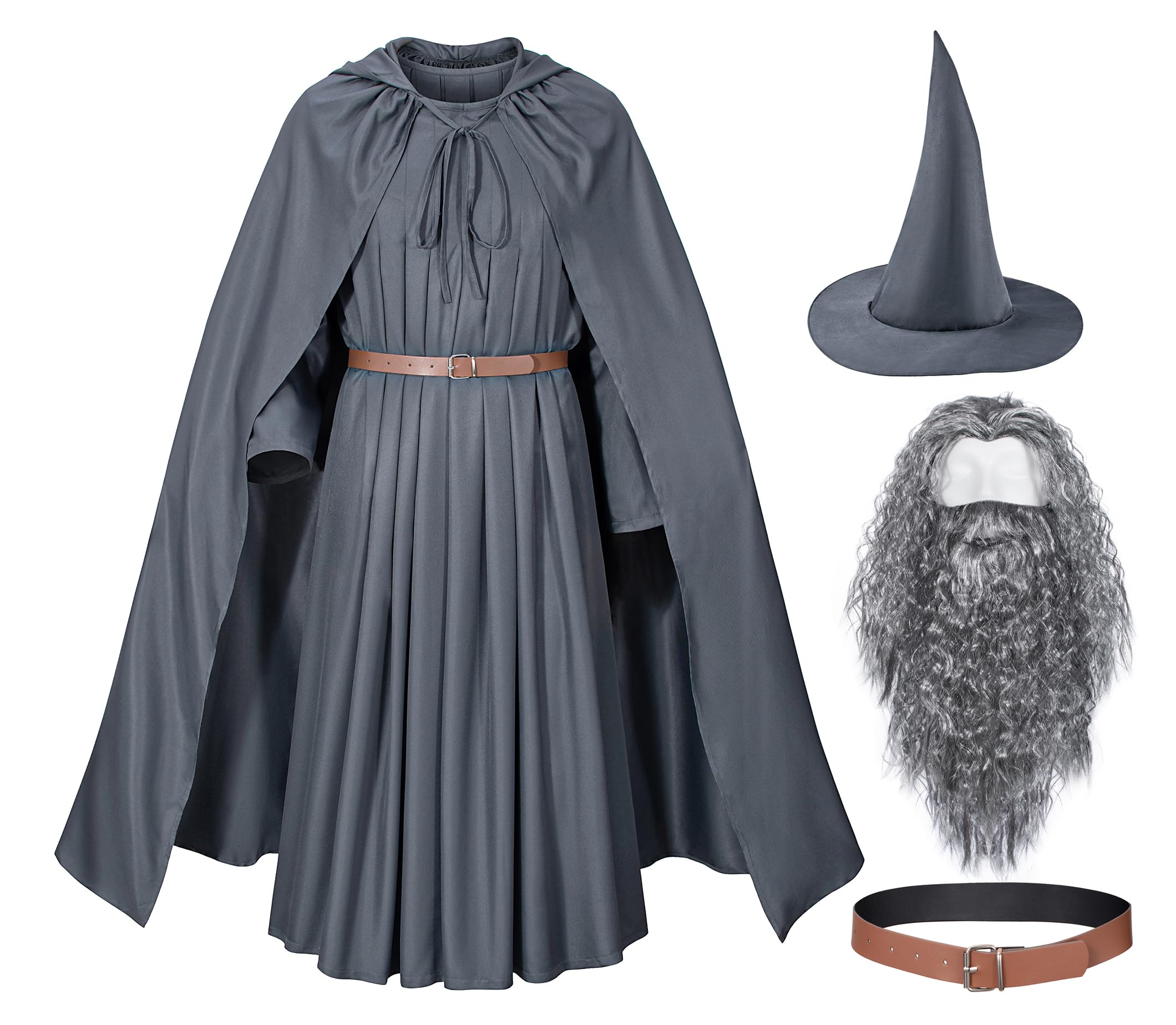Grey Wizard Costume Mens Adult Robe Hooded Cloak Outfits Hat Full Set Halloween Cosplay XXL Grey