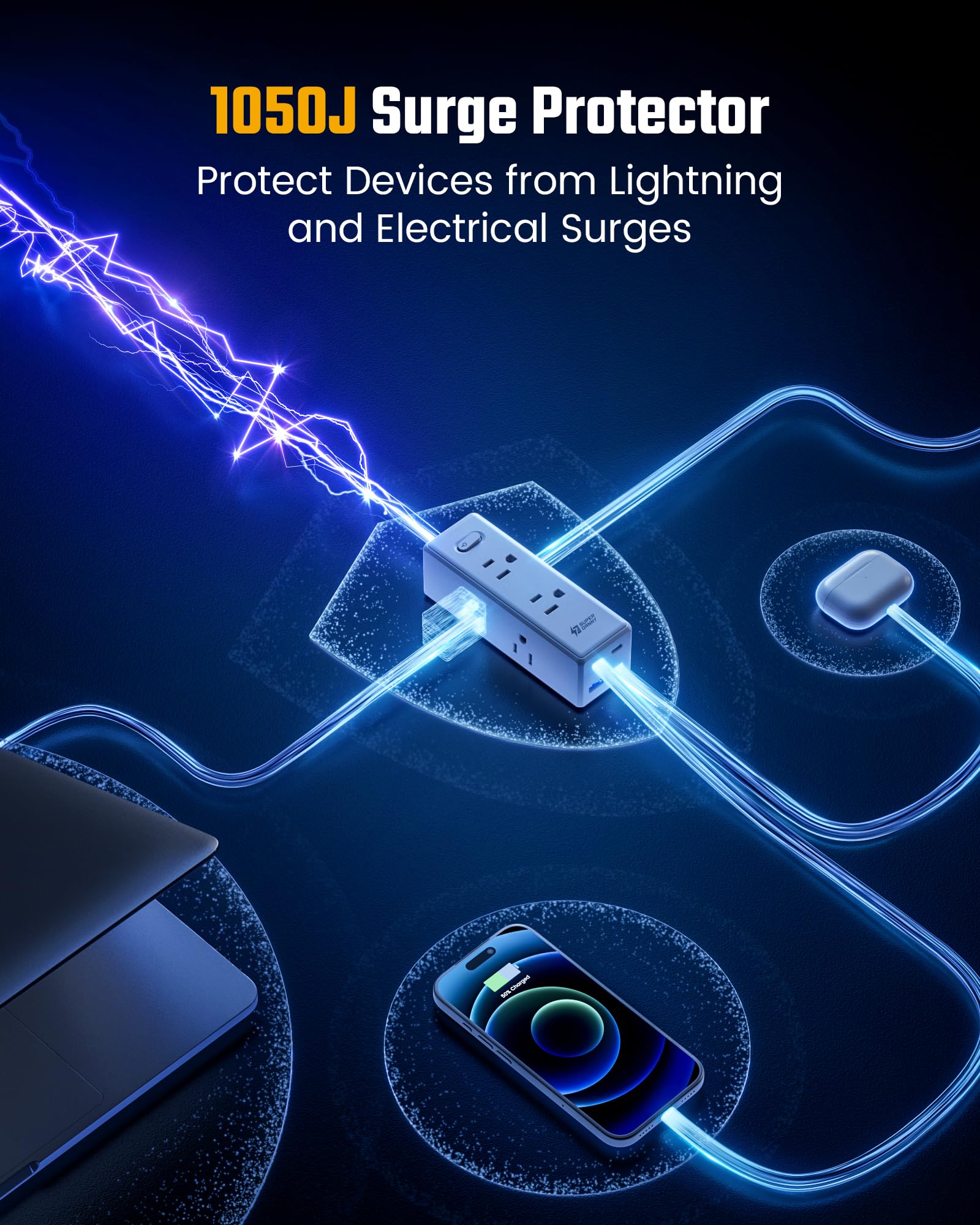 Prolunga da 3,8 m con diverse prese, prolunga lunga con 6 prese, 4 porte USB (2 USB C), banda di alimentazione per la casa, forniture per ufficio, articoli essenziali per