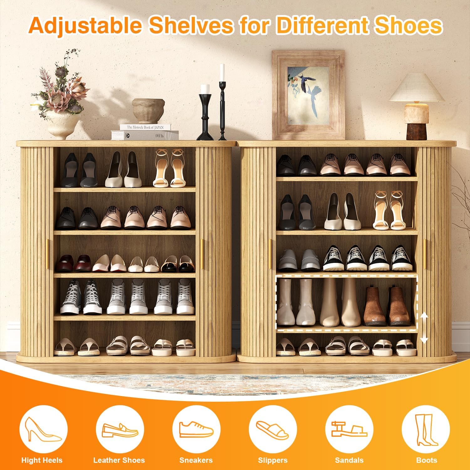 UNIQUITE Shoe Storage Cabinet with Sliding Doors, 5-Tier Wood Shoe Cabinet for Entryway, Adjustable Shelves Freestanding Shoe Organizer with Gold Handle for Hallway, Living Room, Natural