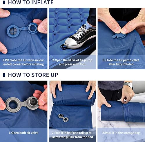 Miniatura 4 de KEEGOP Almohadilla de dormir para acampar doble portátil compacta infladora prensa pies almohadillas inflables para acampar para 2 personas colchón