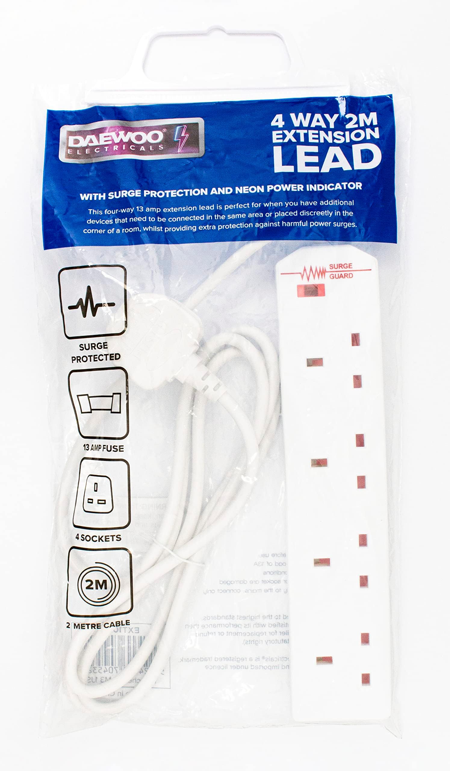 Daewoo BS1363/A 3Pin Plug Surge Protected 4 Gang Extension Lead 2M / 2 Metre