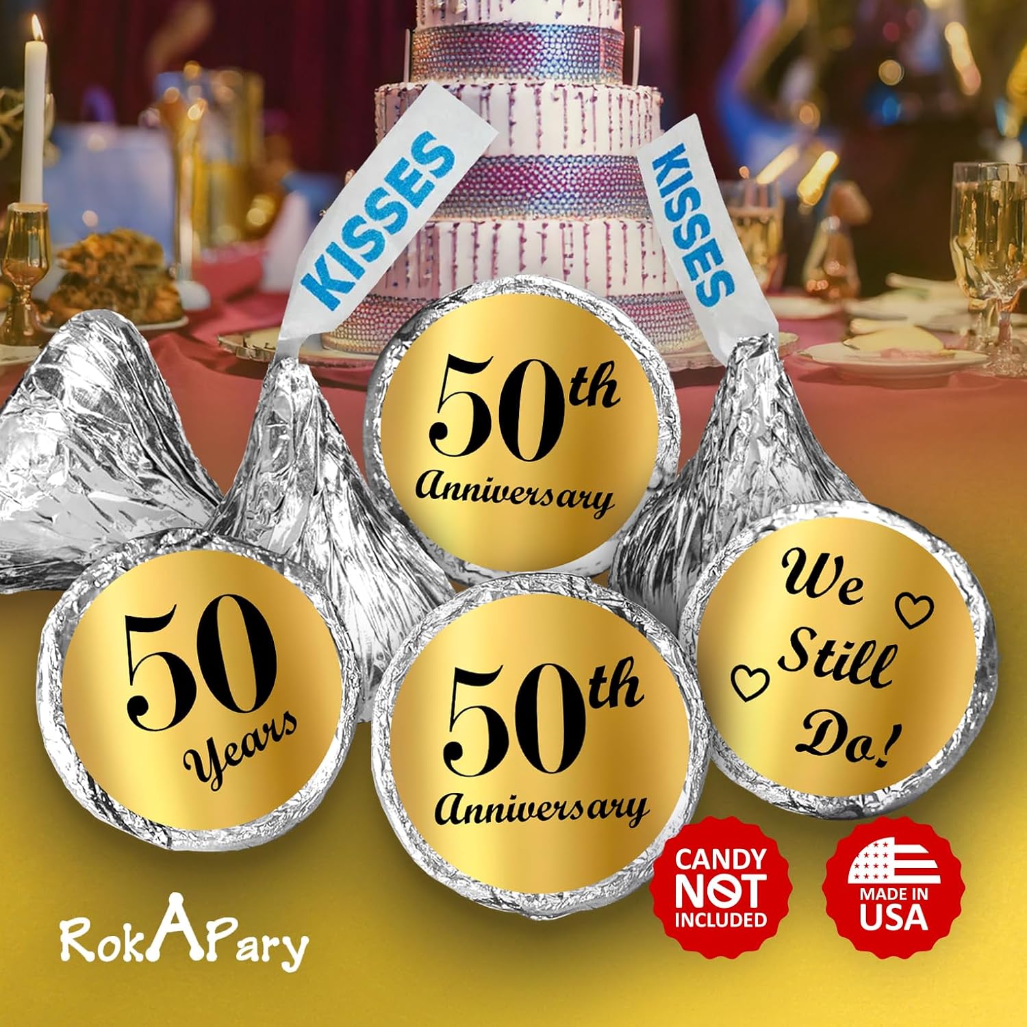 Gold Foil Happy 50th Anniversary Kisses Stickers, (Set of 216) Chocolate Drops Labels Stickers for 50th Wedding Anniversary, Party Favors Decor for Kisses. Made in USA