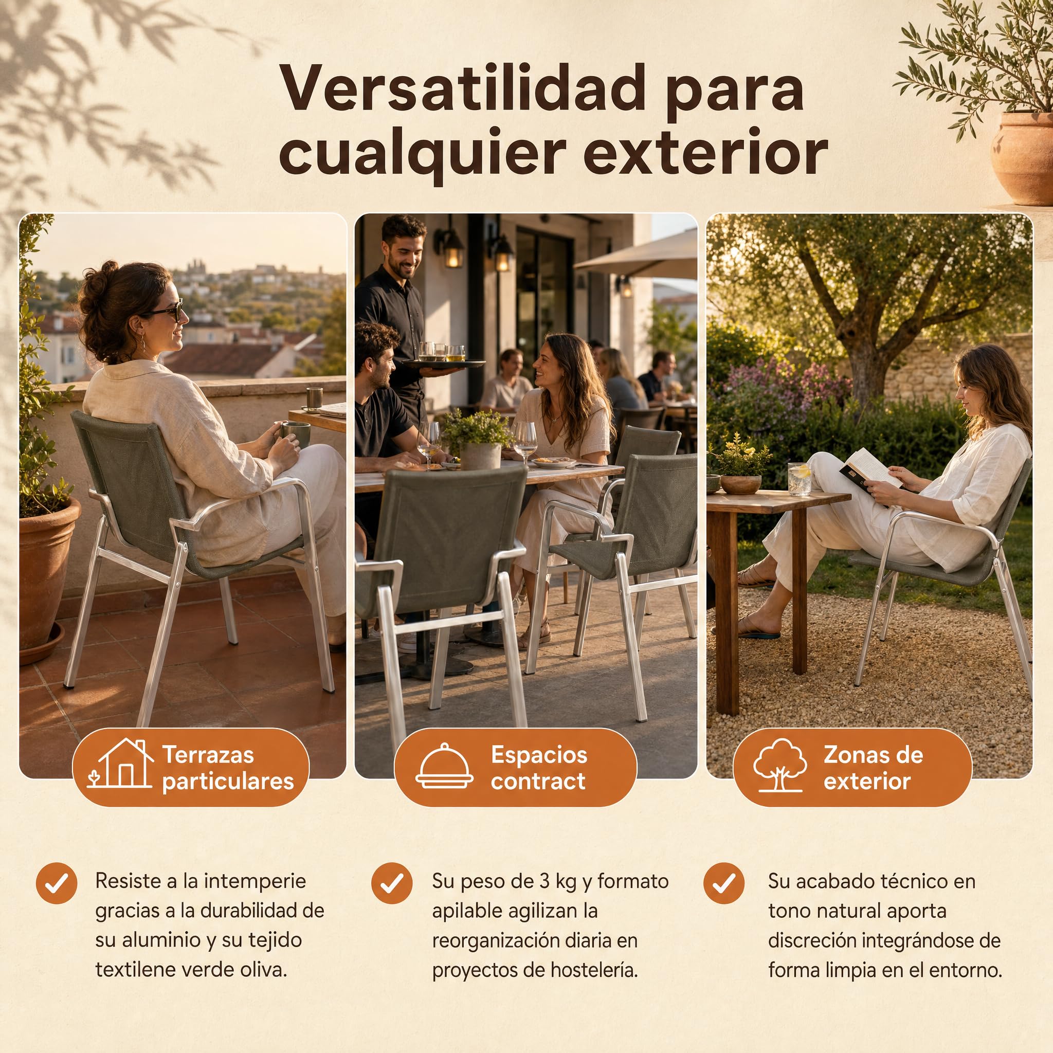 Silla de Jardín Apilable | Sillón Exterior Aluminio | Verde Oliva