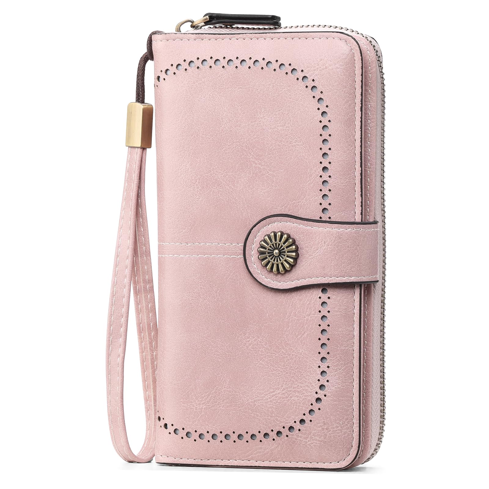 GOIACII Geldbörse Damen RFID Schutz Groß Leder Portmonee Gross für Frauen, Lang Geldbeutel Große Kapazität Portemonnaie Damen mit 13 Kartenfächer und Abnehmbarer Handschlaufe Rosa