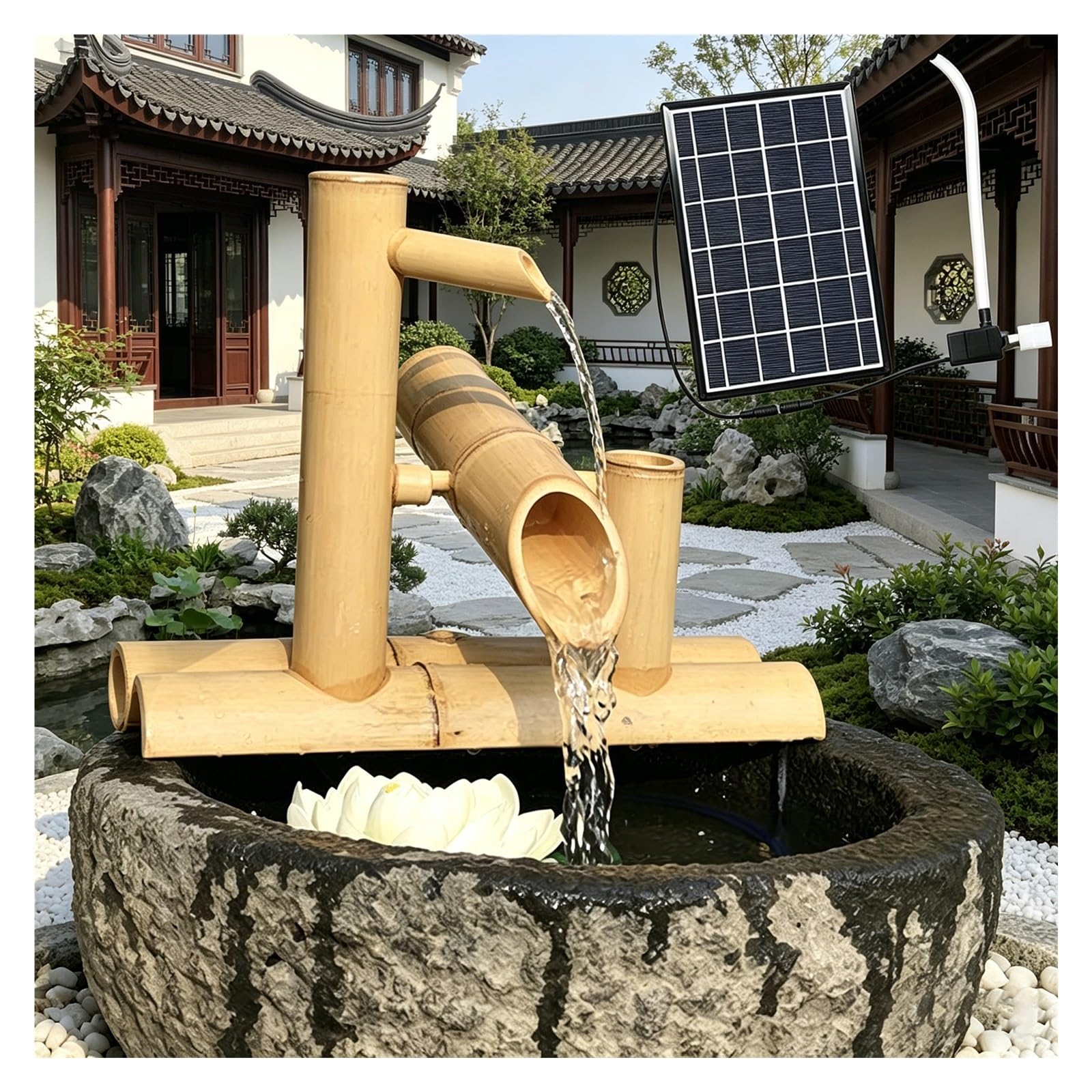 Fontana dell'acqua del bambù alimentata a energia solare, Decorazione del giardino Zen a roccia artigianale, caratteristica dell'acqua interna esterna ecologica con pompa, flusso calmante per il balco