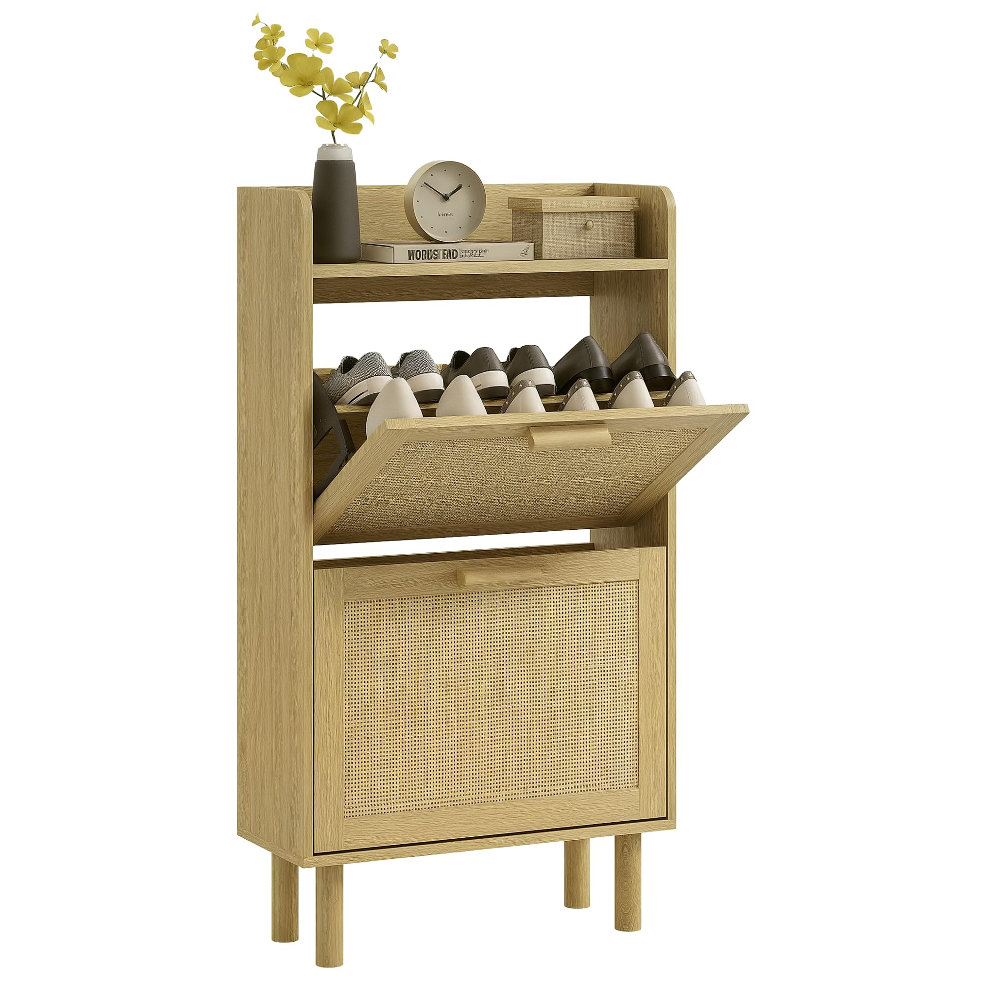 HOMCOM Scarpiera Salvaspazio Slim 2 Ante Ribalta 80x24.5x110 cm Rovere | Scarpiera Boho Ingresso, Ripiani Regolabili, Piano Superiore, 4 Gambe, Porta Scarpe per 12 Paia