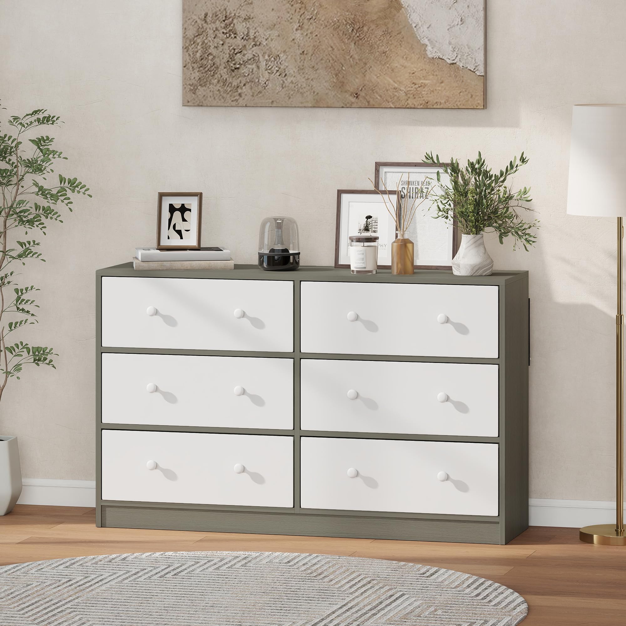 HOMCOM Cómoda con 6 Cajones de Tela, Cómoda para Dormitorio, Marco de Acero y MDF, Cajonera para Salón, Oficina, Vestidor, Blanco y Gris