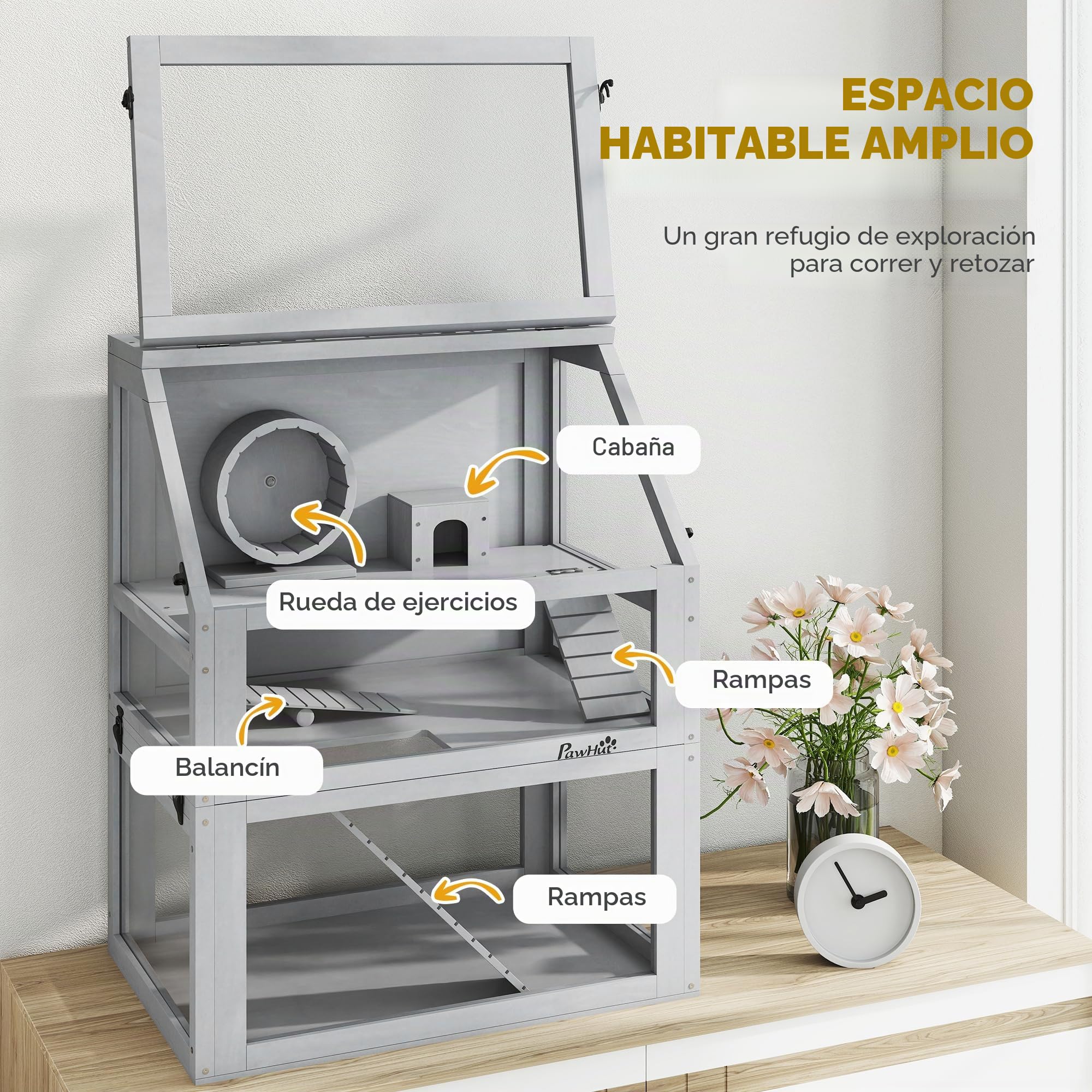 PawHut Jaula de madera para hámster de 3 niveles, color gris claro | Jaula de jerbo, parte inferior desmontable de 32 cm de profundidad, cabaña, balancín, rueda de ejercicio, rampas