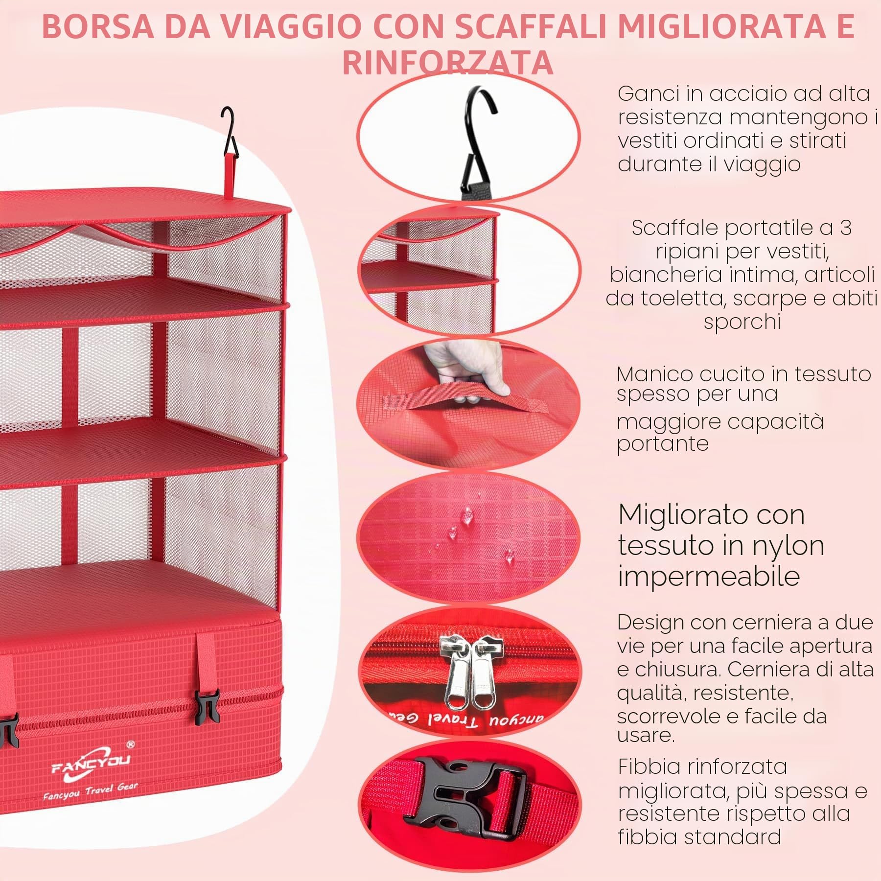 Cubi da Appendere per Borse Organizer per Valigie, Armadio Portatile del Tessuto di Nylon Migliorato 44 * 30 * 65cm, Imballaggio di Compressione e Disimballaggio in un Passo (Rosso)