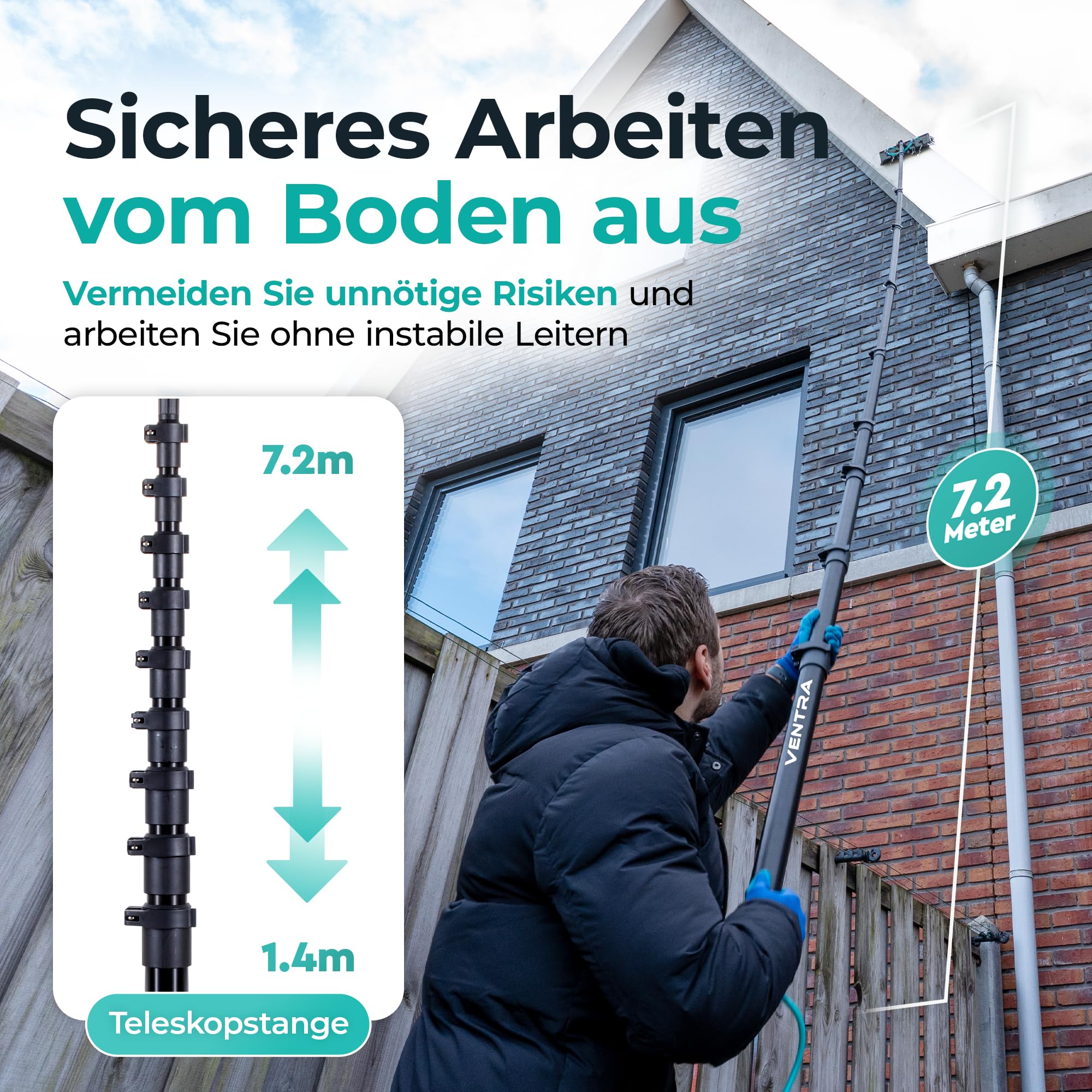 VENTRA Teleskop-Waschbürste 7,2M – Extra Große Bürste (34 cm) - 4 Wasserauslässe – Fensterheber & Staubwedel – Edelstahl Teleskopstiel – Inklusive Handschuhe & Mikrofasertuch