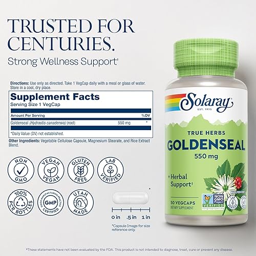 Miniatura 2 de SOLARAY Goldenseal Root 550mg  Digestión saludable, función inmunológica y apoyo respiratorio  Raíz entera  Sin OMG, vegano y verificado en