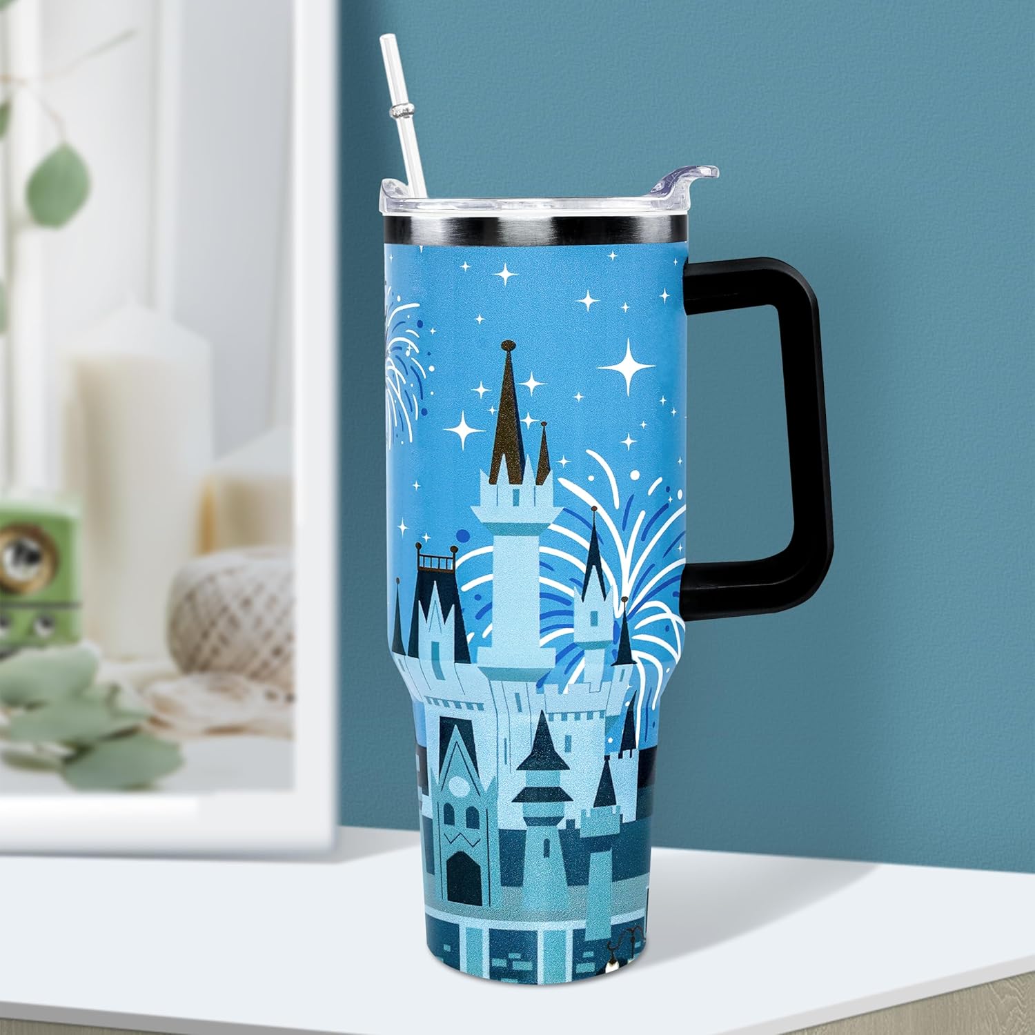 Cartoon Castle Tumbler 40 Oz With Lid and Straw Stainless Steel Insulated with Handle Blue Firework Travel Coffee Mug - Birthday,Christmas Gift - Image 2