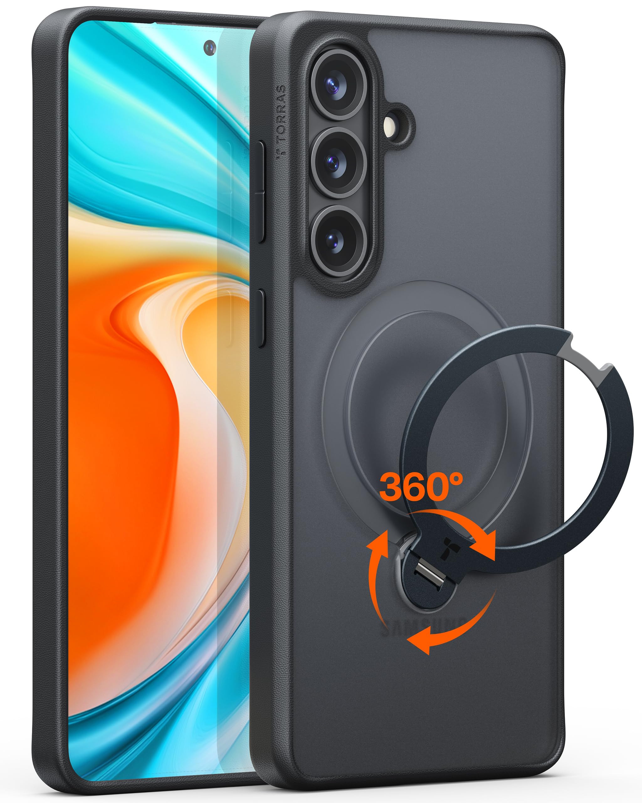 TORRAS Ostand Q3 Spin für Samsung Galaxy S26 Hülle (360° Langlebig Ständer für Magsafe) TOP Militärschutz Stoßfest Kratzfeste Dünn Super Haptik Matt Handyhülle Samsung S26 Case Schutzhülle Schwarz