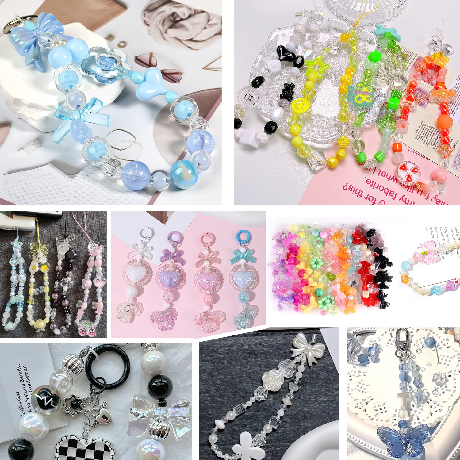 150 g (170 ~ 230 Stück), ästhetische Acryl-Perlen, niedliche Perlen für die Schmuckherstellung, Kawaii-Blume, Herz, Stern, Schmetterling, runde Perlen, Halsketten, DIY Handwerk (gemischte Farben)