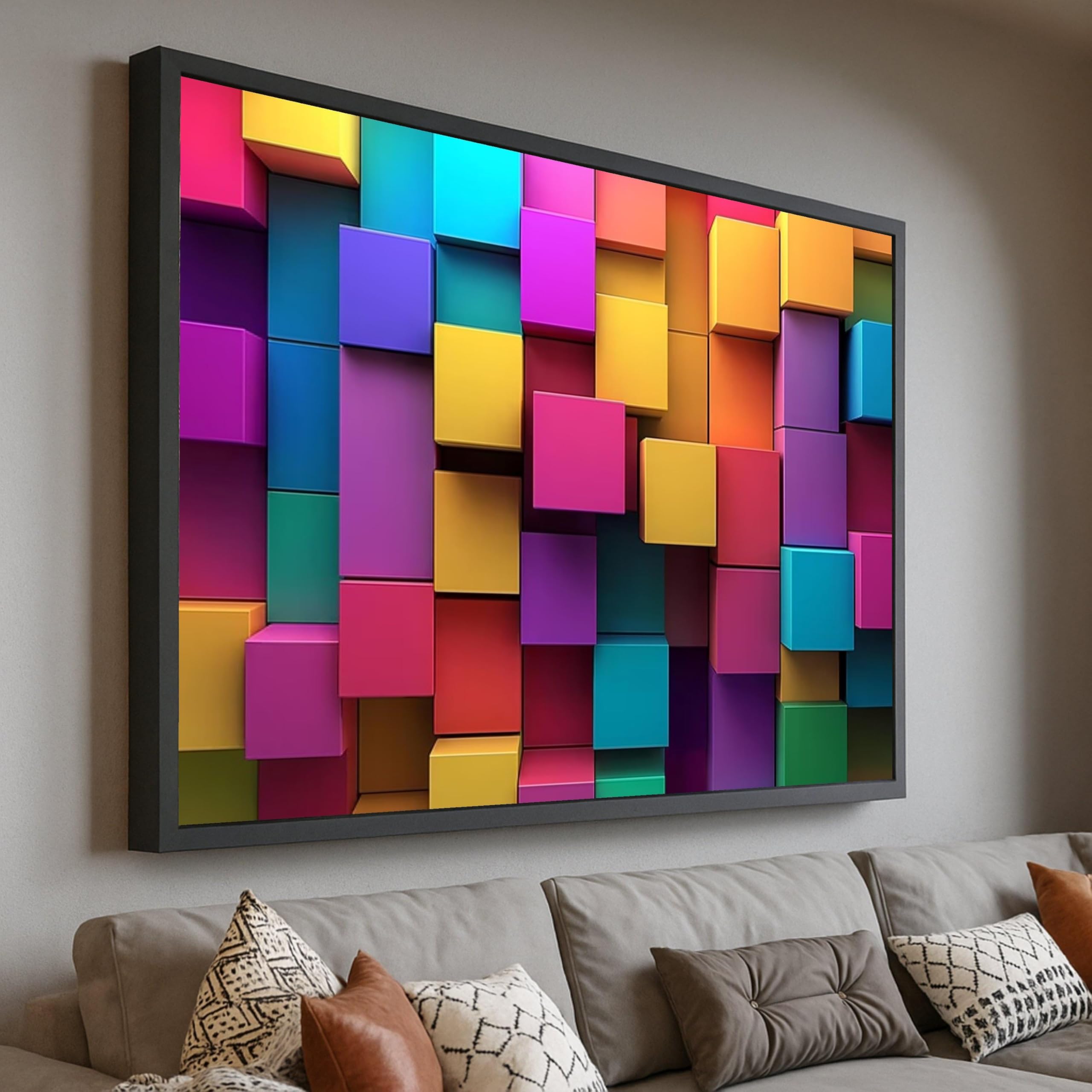 XINBAO Geometryczne kostki na płótnie, kolorowa sztuka na płótnie, abstrakcyjny wzór blokowy, nowoczesna dekoracja mieszkania, gotowa do zawieszenia (50 x 75 cm/rama wewnętrzna)