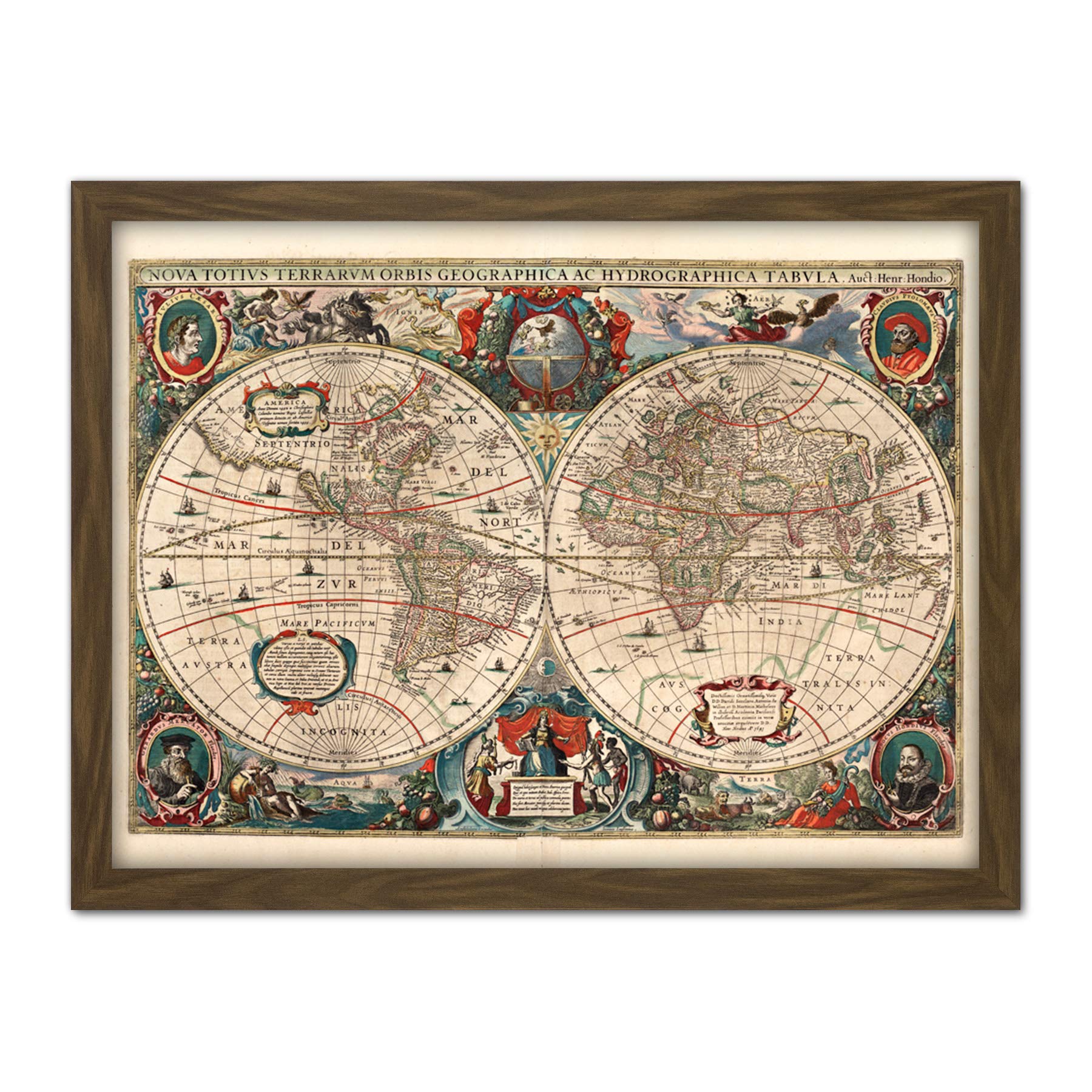 Map Hondius 1641 World Hemispheres Pictorial Artwork Framed Wall Art Print 18X24 Inch