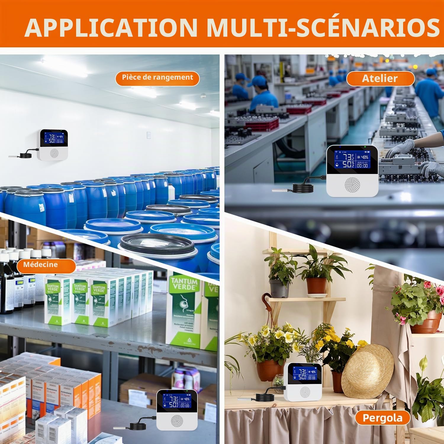 Tuya Capteur de température WiFi avec sonde externe étanche, moniteur intelligent de température et d'humidité avec écran LCD rétroéclairé, alarme buzzer et alerte de notification d'application