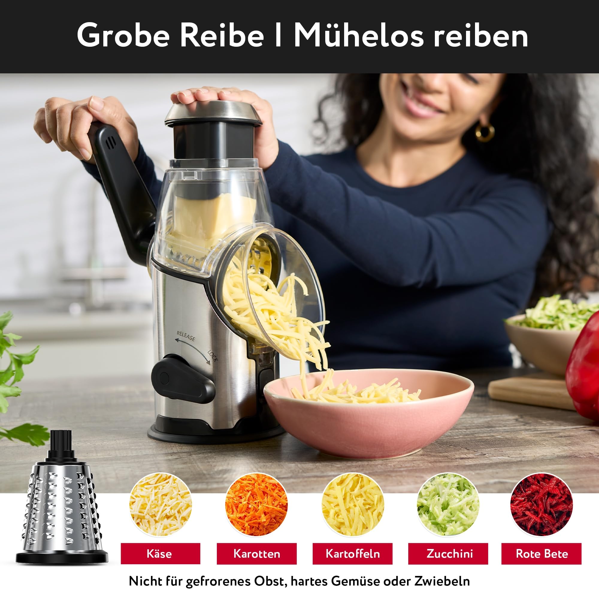 Rotary Käsereibe mit Kurbel - Schnelles und Einfaches Schneiden Edelstahl Gemüsehobel mit 3 austauschbare Trommelklingen - Rutschfeste Basis - Küchenreibe für Gemüse Käse Nüsse Karotten Kartoffeln