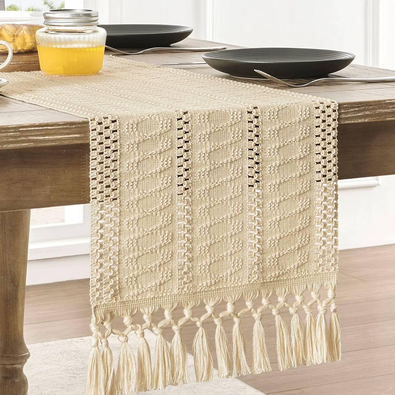 Rustic Linen Table Runner With Tassel Boho Embroidered Style Kitchen Tablerunners For Holiday Party Wedding Birthday Decoration Beige (30*90cm/11.81*35.43in)