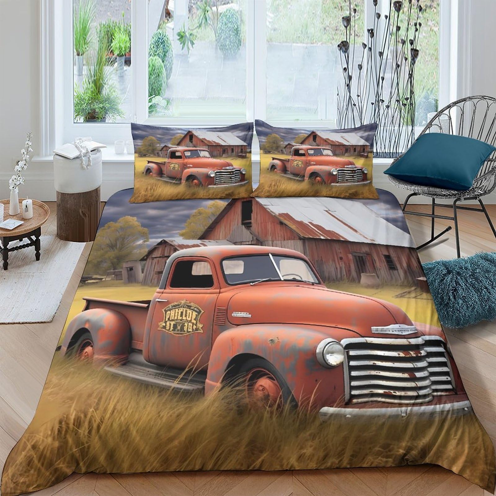 TUFRTGYHN 3D Printed Vintage Red Truck Duvet Cover Microfiber Soft Barn Farmhouse Bedding Set with 2 Pillowcases for Bedroom Decor Single（135x200cm）