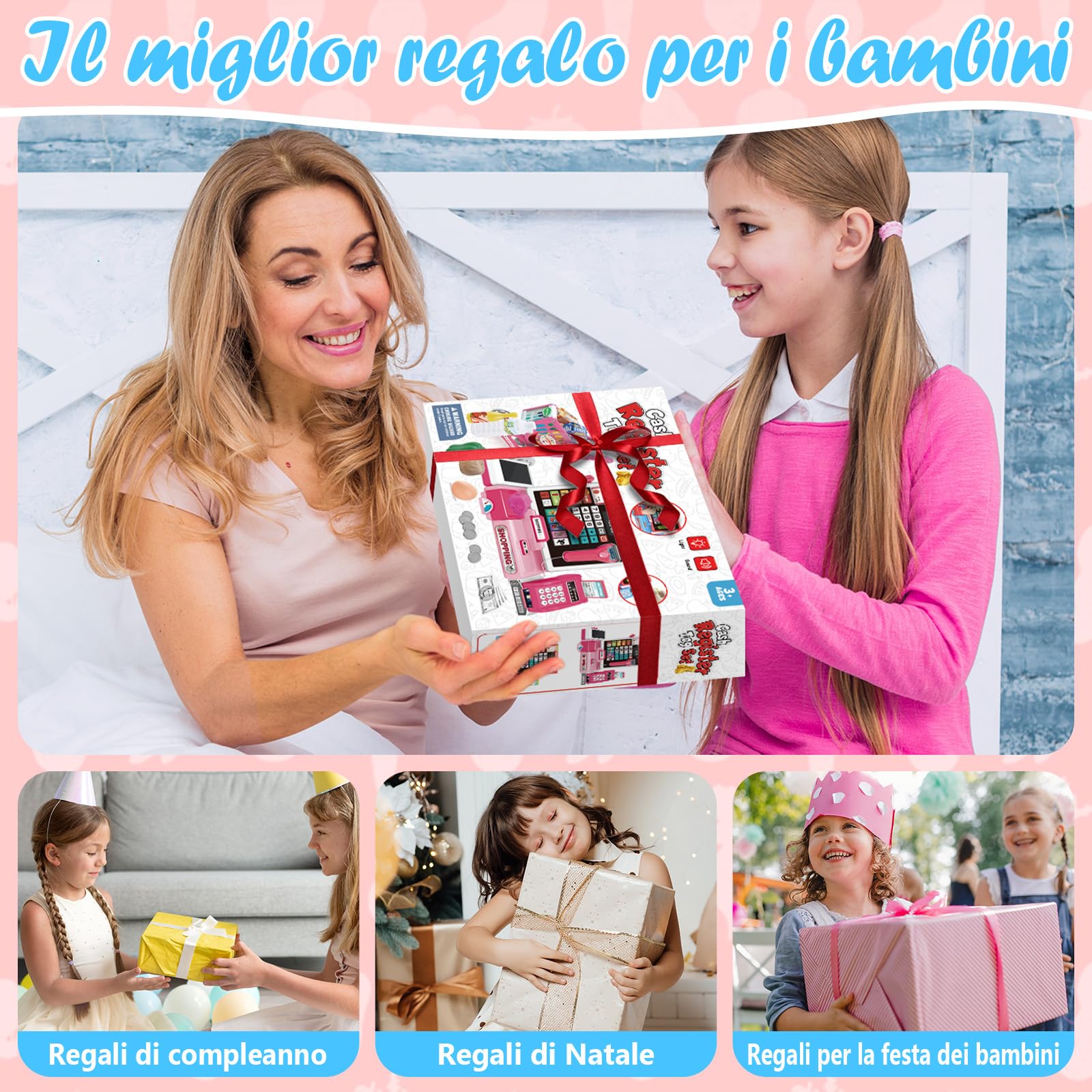 IEEILULU Cassa Giocattolo per Bambini, Cassa Supermercato Giocattolo - Con 52 Accessori(Vera Calcolatrice/Scanner/Soldi Finti/Cibo, Ecc.), Giocattolo Educativo Regalo per Ragazze Ragazzi 3 4 5 6 7 8