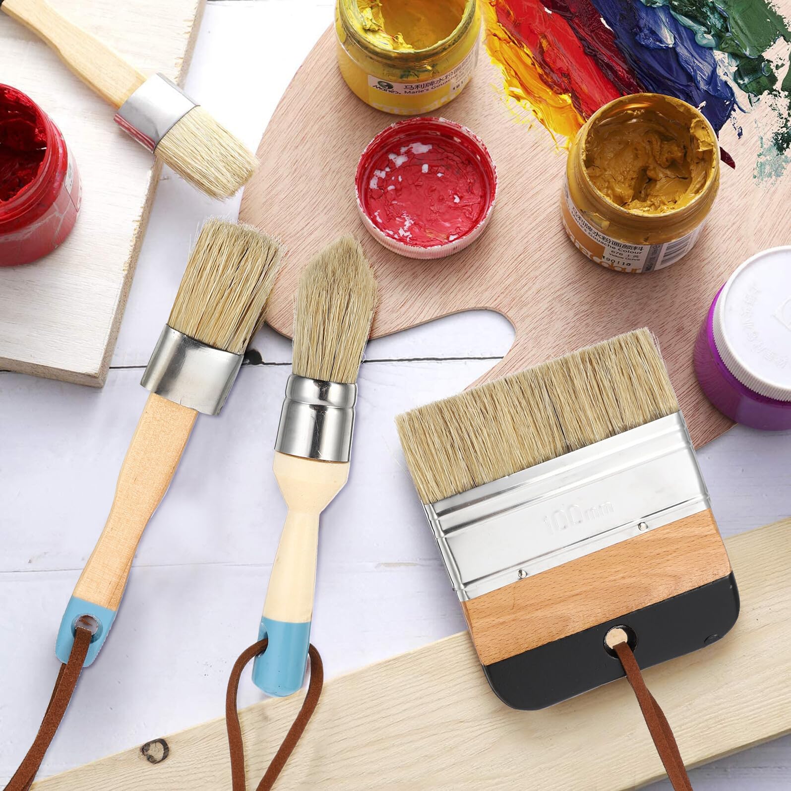 STOBAZA Juego de 4 Pinceles para Pintura de 25 CM Mango de Madera Cerdas Resistentes y Flexibles para Óleo Cera y Pegamento Adecuado para Muebles Paredes y Decoración Interior
