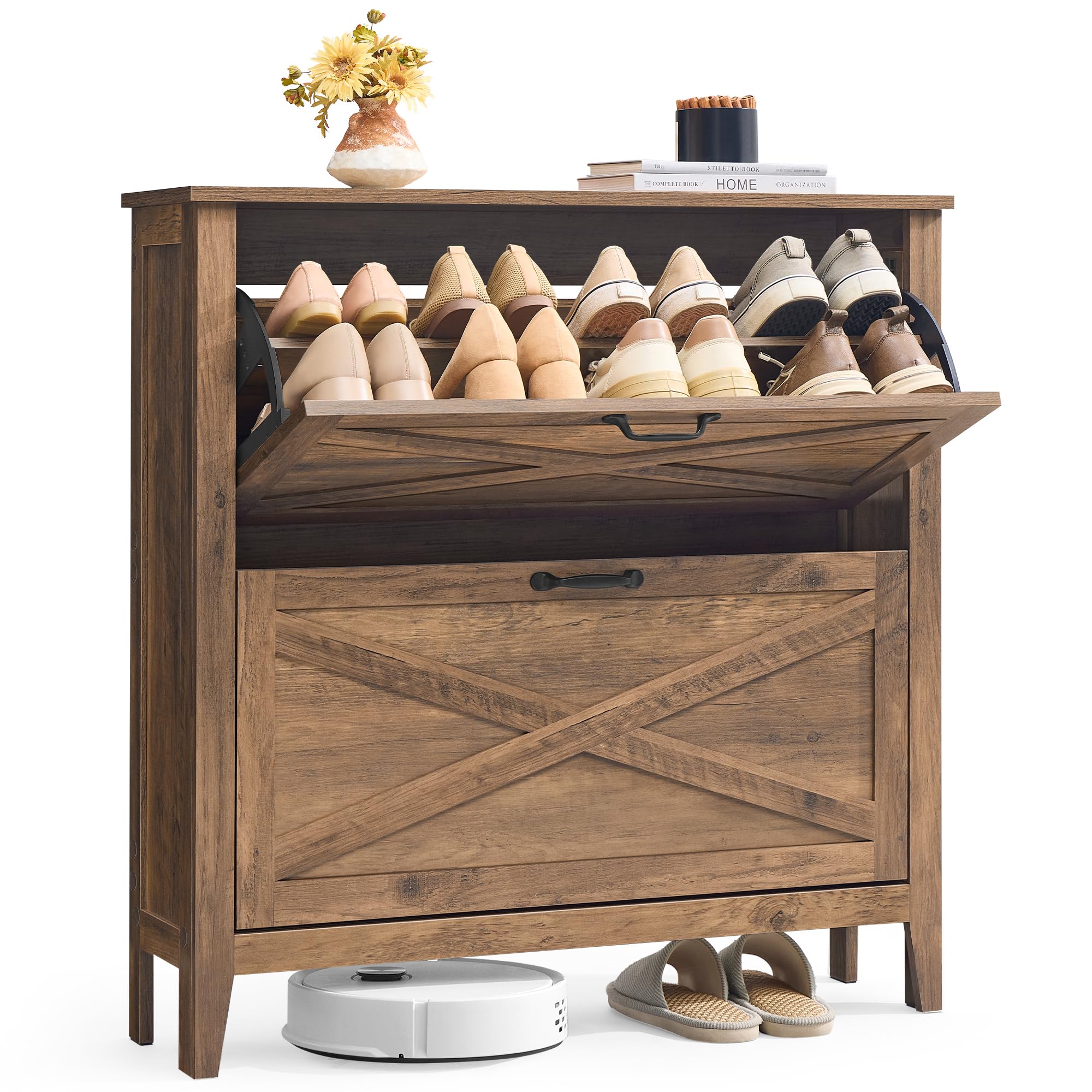 VASAGLE LIRY Collection - Shoe Storage Cabinet Organizer with 2 Flip Drawers, Freestanding Narrow Shoe Rack Cabinet for Entryway, Farmhouse Style, Fits 12 to 16 Pairs, Honey Brown UHSC201K01