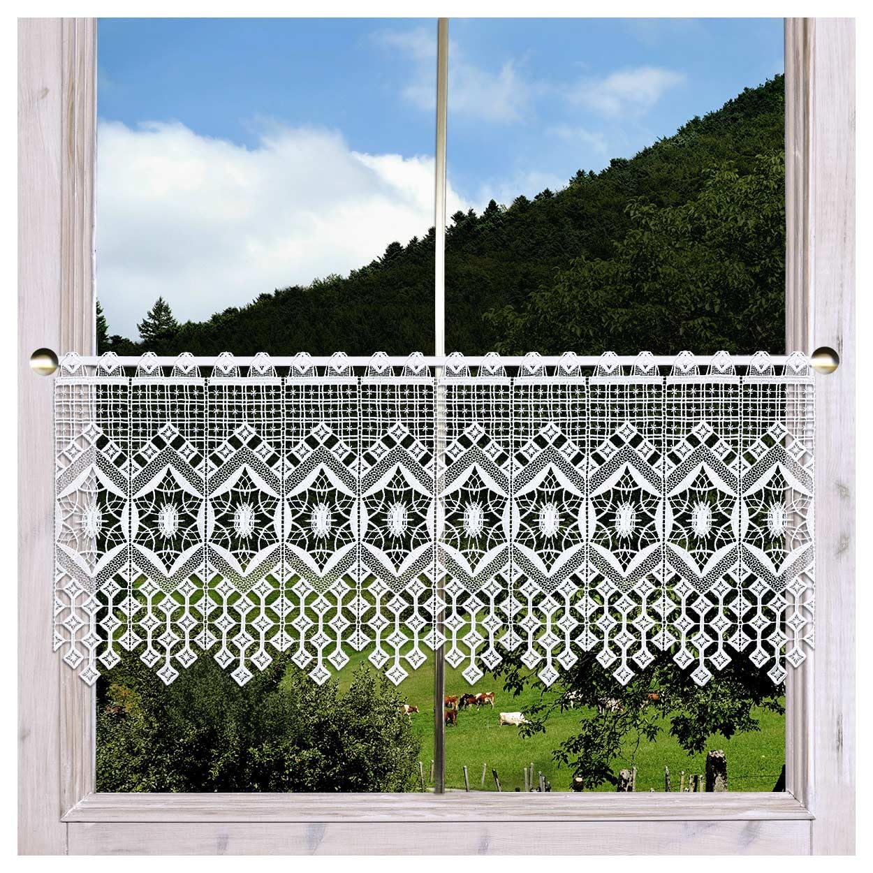 Moderne Scheibengardine Jara Plauener Spitze Scheibenhänger mit geometrischem Rautenmuster weiß 34 x 64 cm