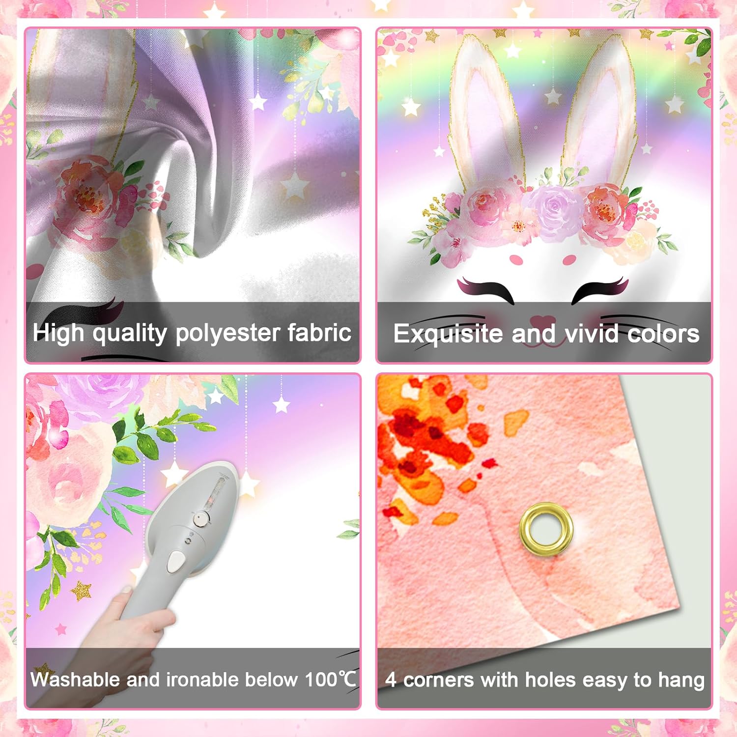 Avezano Bunny Birthday Banner Pink Floral Rainbow Bunny Happy Birthday Party Decorations Bunny Birthday Banner Decorations for Girls Rabbit Spring Easter Birthday Party Supplies 70.8 x 43.3 Inch