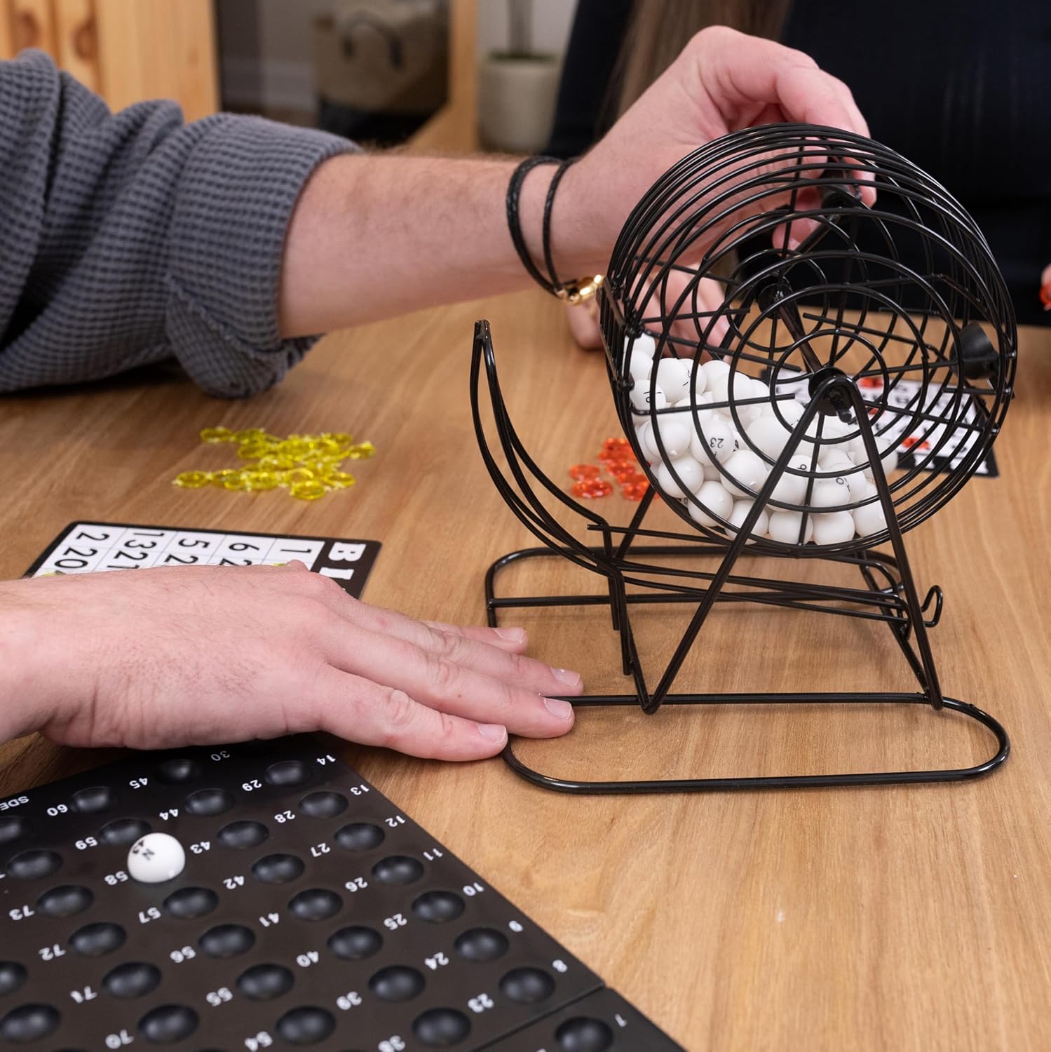 Elbow Room Games Rolling Cage Bingo Set, Includes Numbered Balls, Reusable Bingo Cards, Markers, Sturdy Metal Roll Cage, and Plastic Number Holder, Perfect for Family Game Nights and Parties
