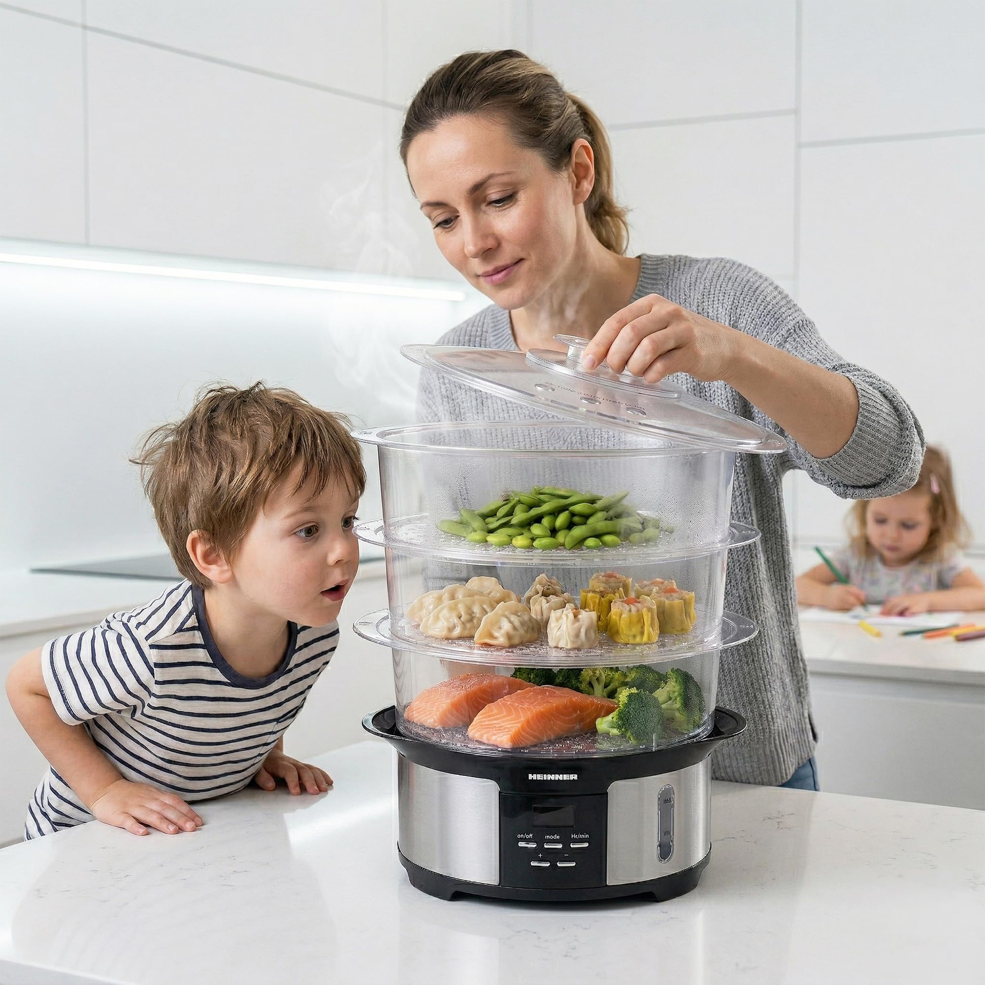 ONE STEAM Dampfgarer 12 L – 3 Etagen, 5 Garprogramme & Startvorwahl bis 12 Std für komplette Mahlzeiten auf Knopfdruck (1000 W, Edelstahl-Gehäuse)