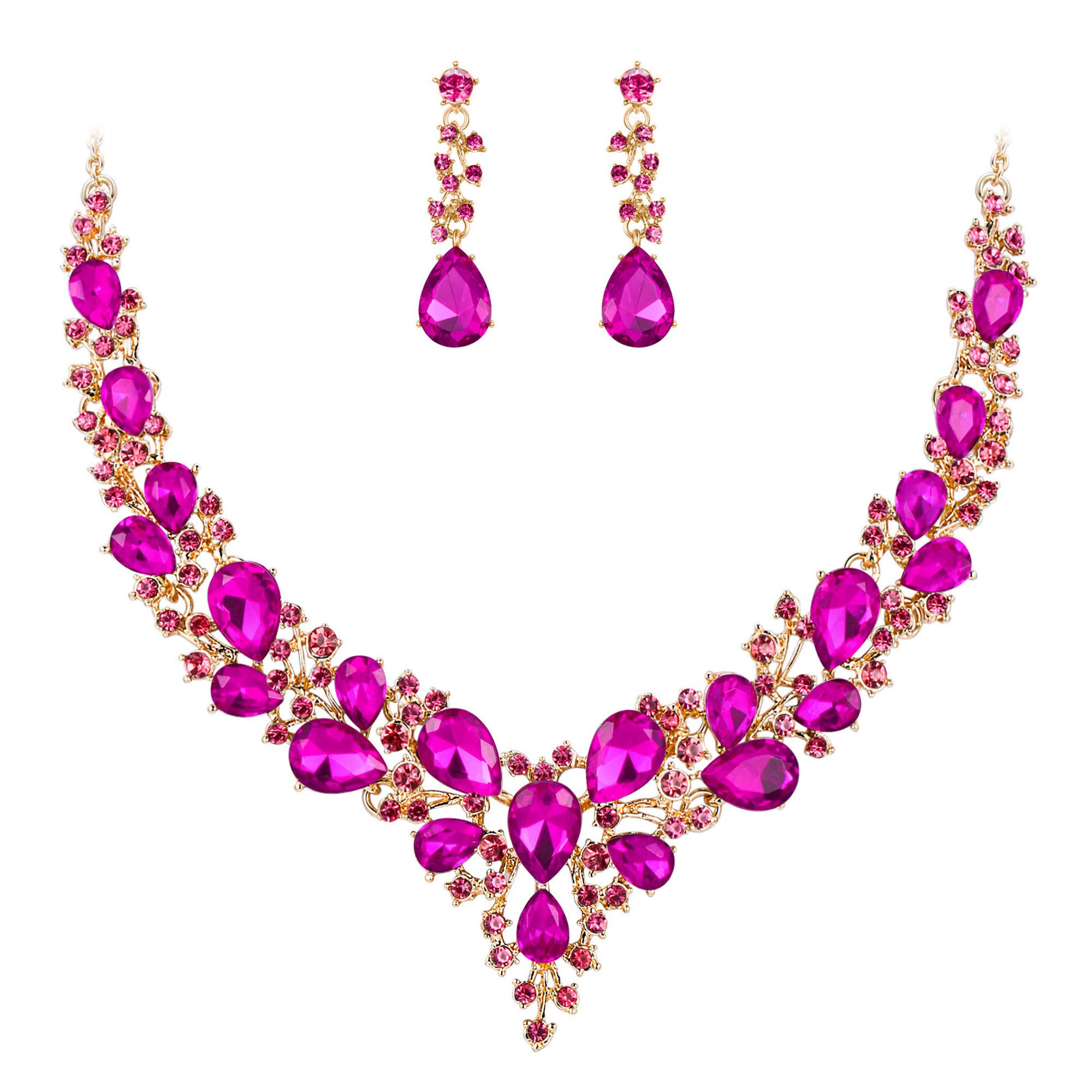 BriLoveWomen's Wedding Bridal Austrian Crystal Teardrop Cluster Statement Necklace Dangle Earrings Jewelry Set