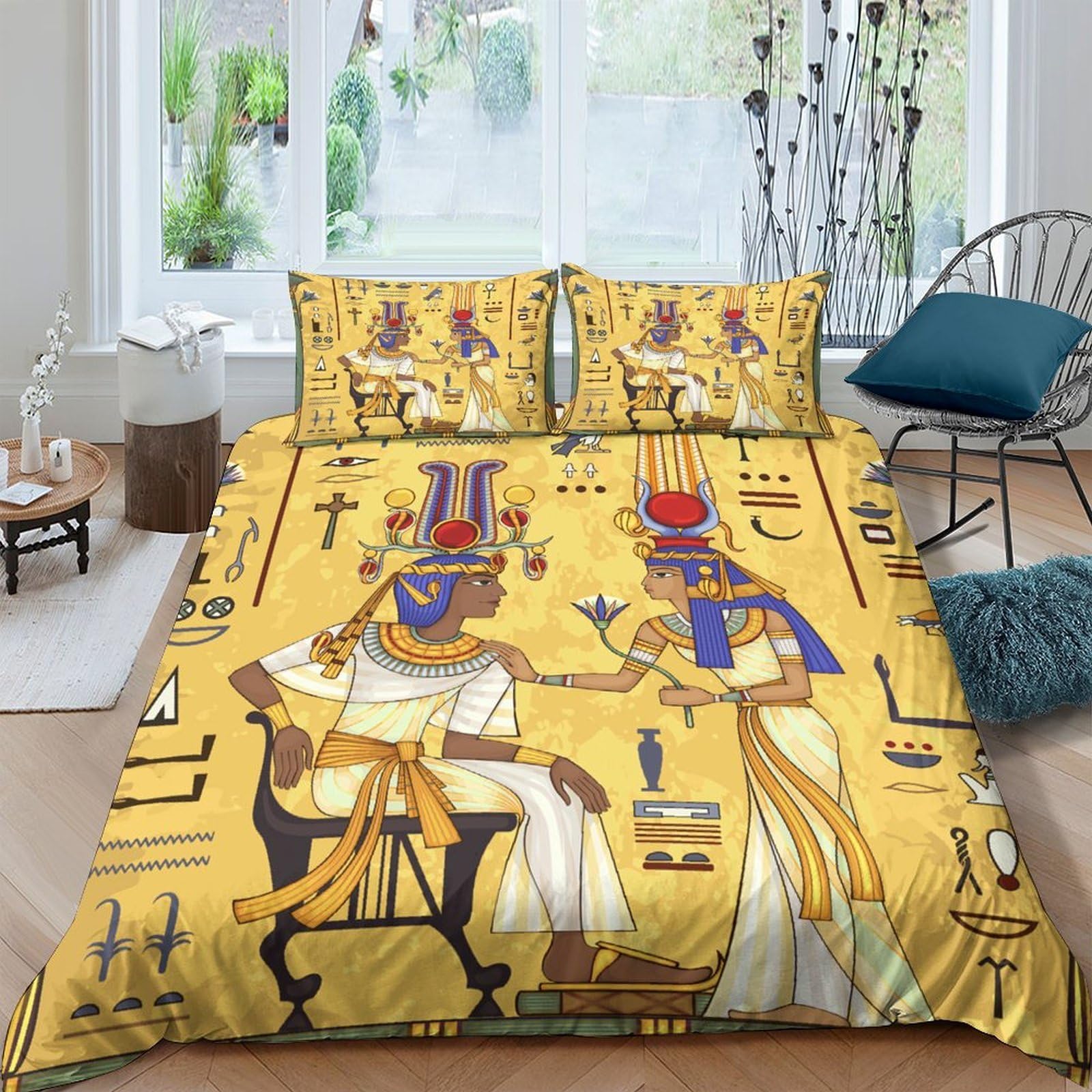 GPLZQXKJNH 3D Printed Egyptian Pharaoh Pattern Duvet Cover Microfiber Soft Breathable Ancient Hieroglyphics Bedding Set with 2 Pillowcases for Bedroom Home Décor Single（135x200cm）