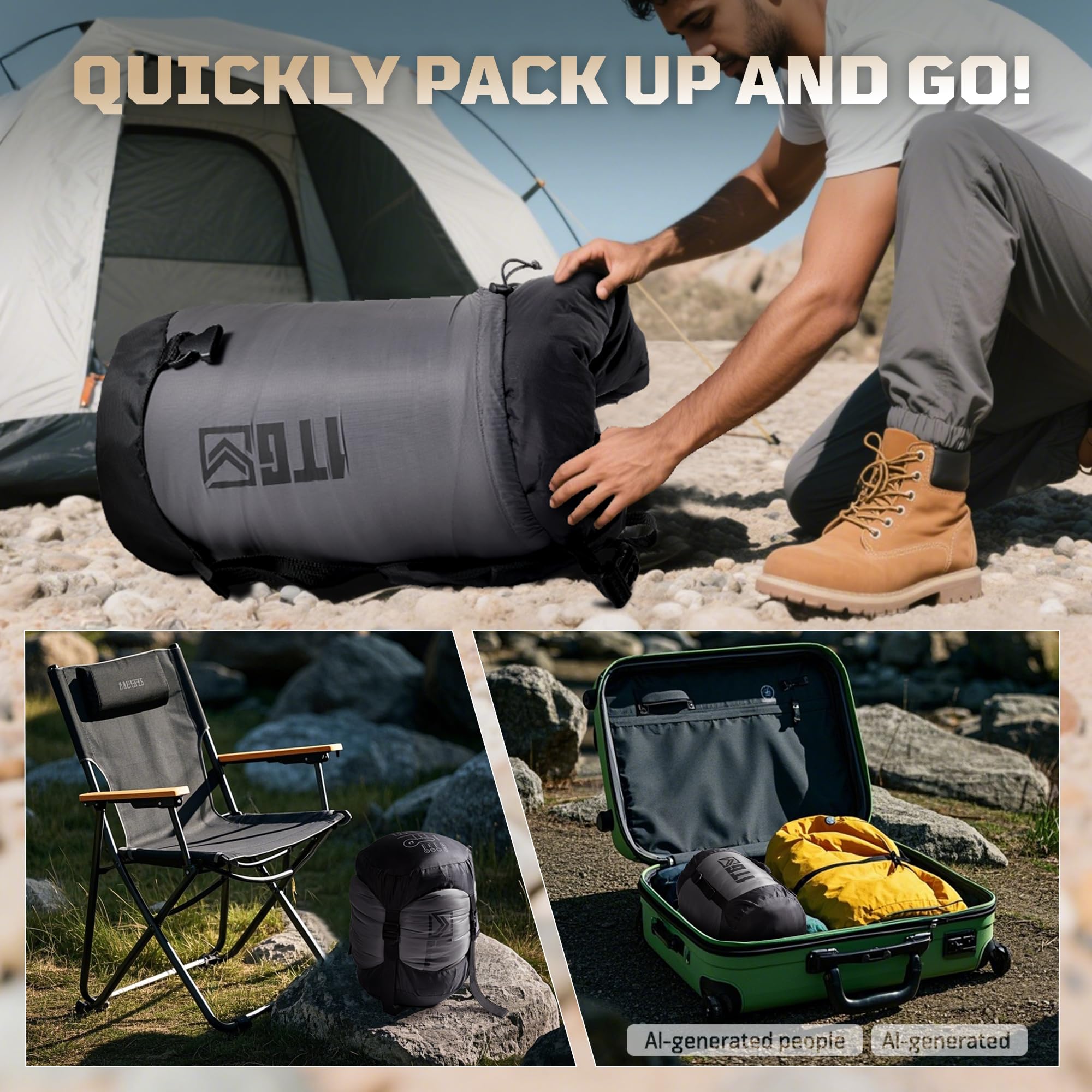 Sac de couchage momie pour adultes, sac de couchage de camping par temps froid (-3,9 à 2,2 °C) avec capuche réglable, poche pour téléphone, sac de compression pour le camping, la randonnée