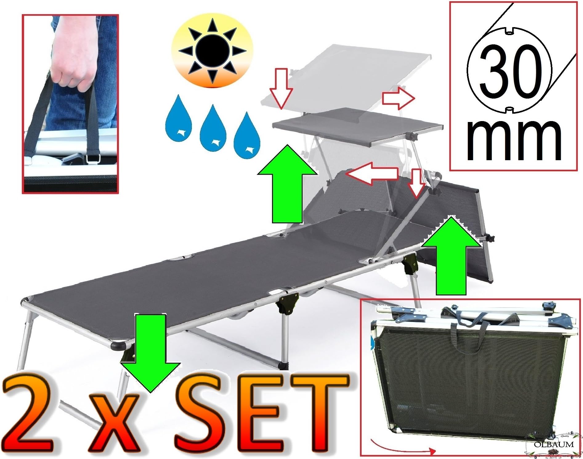 Set of 2 Field Bed Camping Camping Picnic – Instead of Sleeping Pad/Air Mattress 2 in High Quality Removable and Collapsible, 2x Premium Sun Lounger with Sun Roof
