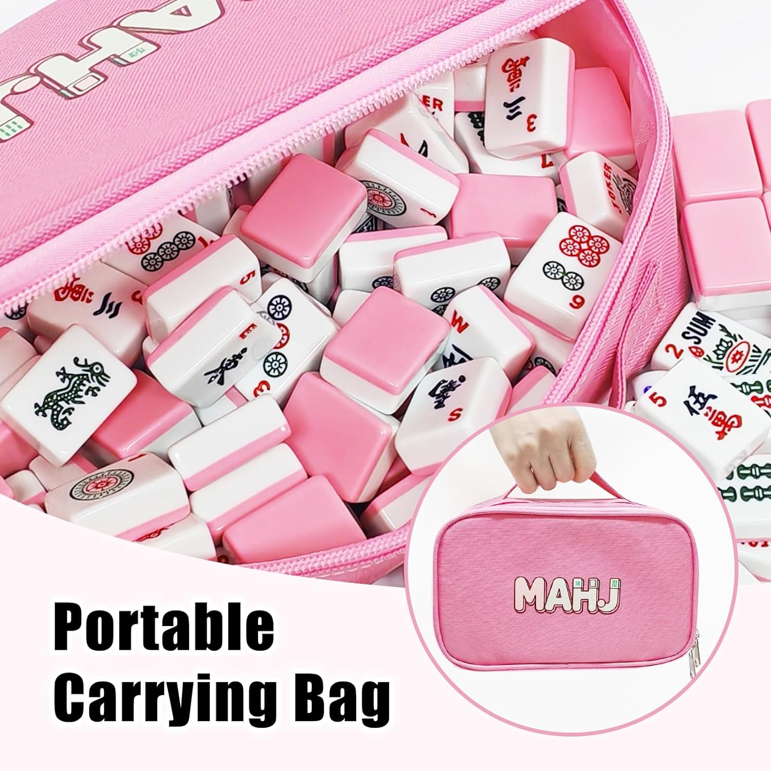 American Mahjong Tiles Set, 166 Pink Mahjong Tiles 1.2 Inch with Carrying Bag and 3 Dice, Portable American Mahjong Game for Travel, Family Game Night