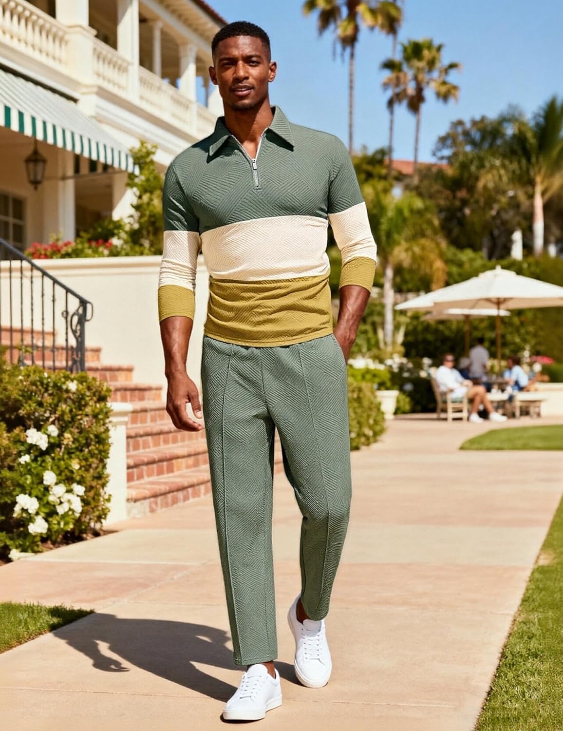 UOUA Mens 2 Piece Set Casual Outfits 1/4 Zip Polo Long Sleeve Shirt & Pants Track Suit Loungewear Athletic Sweatsuit