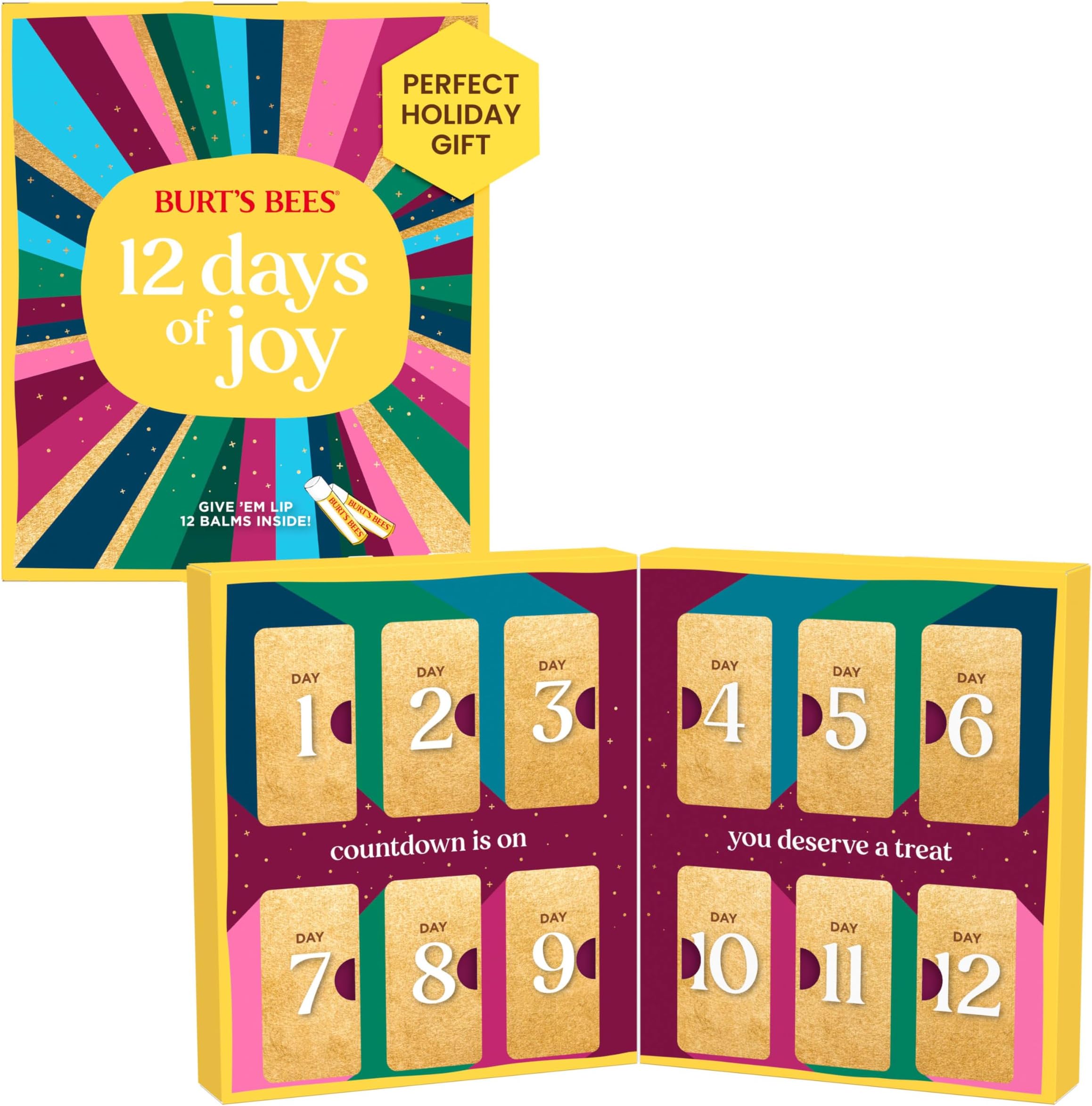Burt's Bees 12 Days of Joy Lip Balm Advent Calendar Gift Set, Flavored Lip Balm Pack Great for Office Holiday Gifts, Tint-Free, Natural Origin Lip Care, 12 Tubes, 0.15 oz.