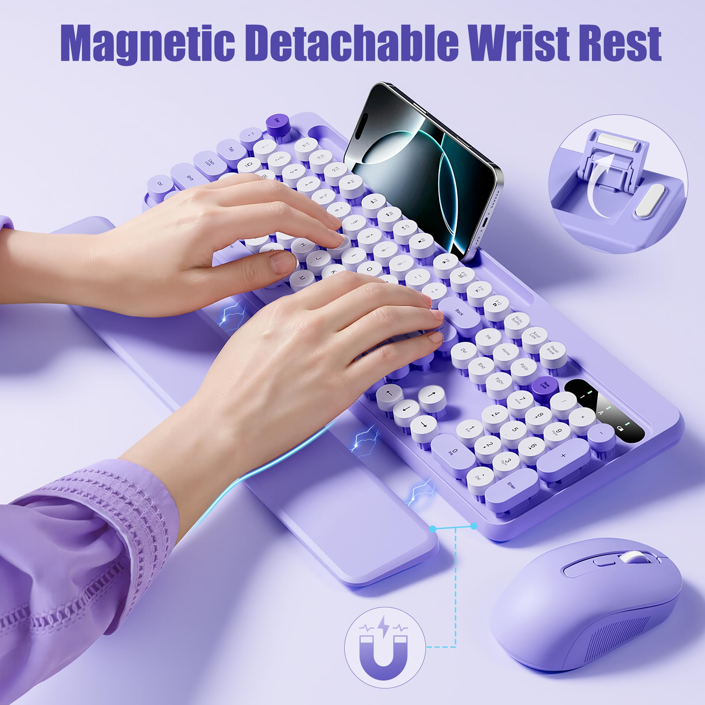 Hamile Ensemble clavier et souris sans fil – Repose-poignet amovible, support de téléphone/tablette, clavier rétro de style machine à écrire, touches rondes colorées, sans fil 2,4 GHz pour Windows/Mac