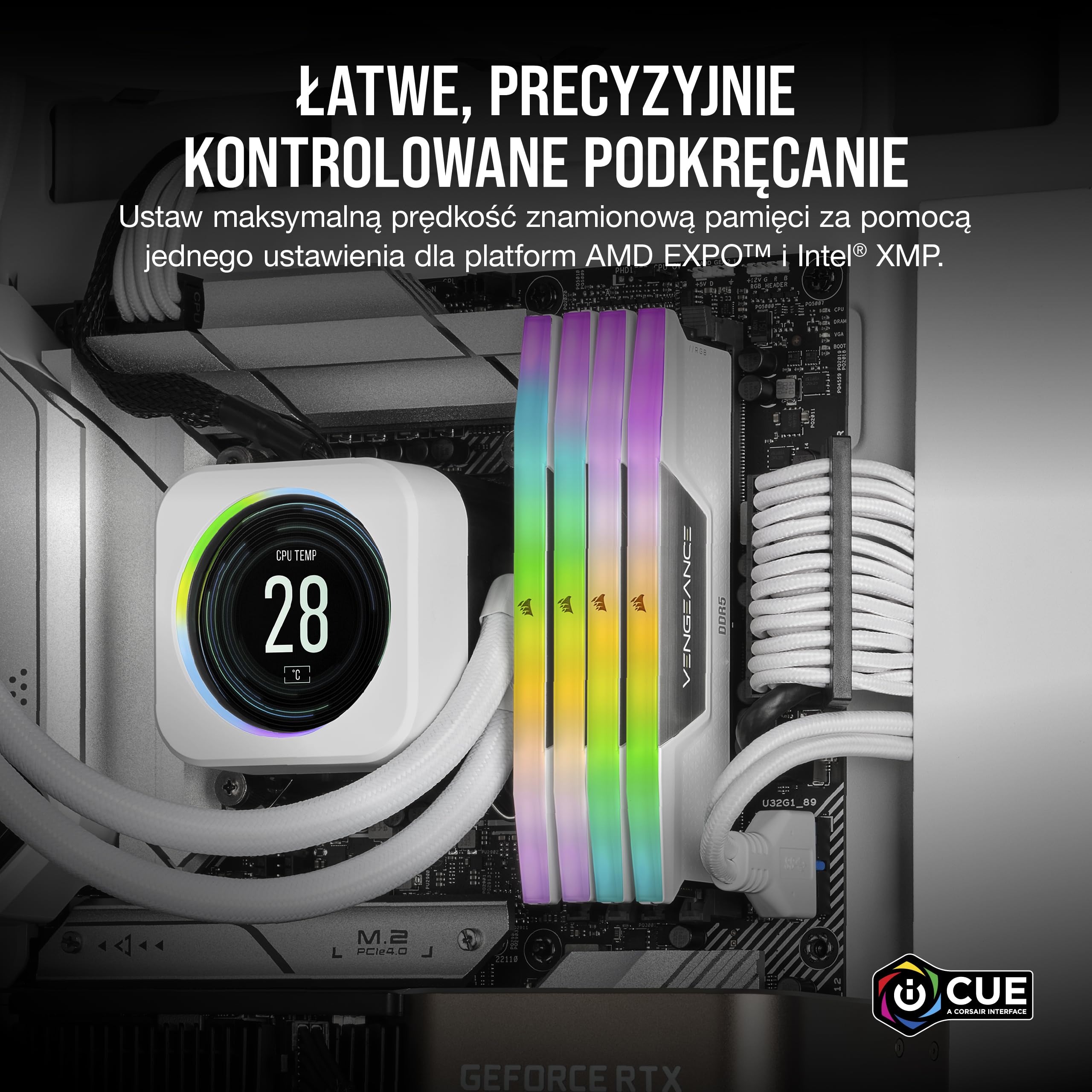 CORSAIR VENGEANCE RGB DDR5 RAM 32GB (2x16GB) do 6400MHz CL36-48-48-104 1.35V AMD EXPO Intel XMP 3.0 RAM do Komputera – Biały (CMH32GX5M2B6400Z36W)
