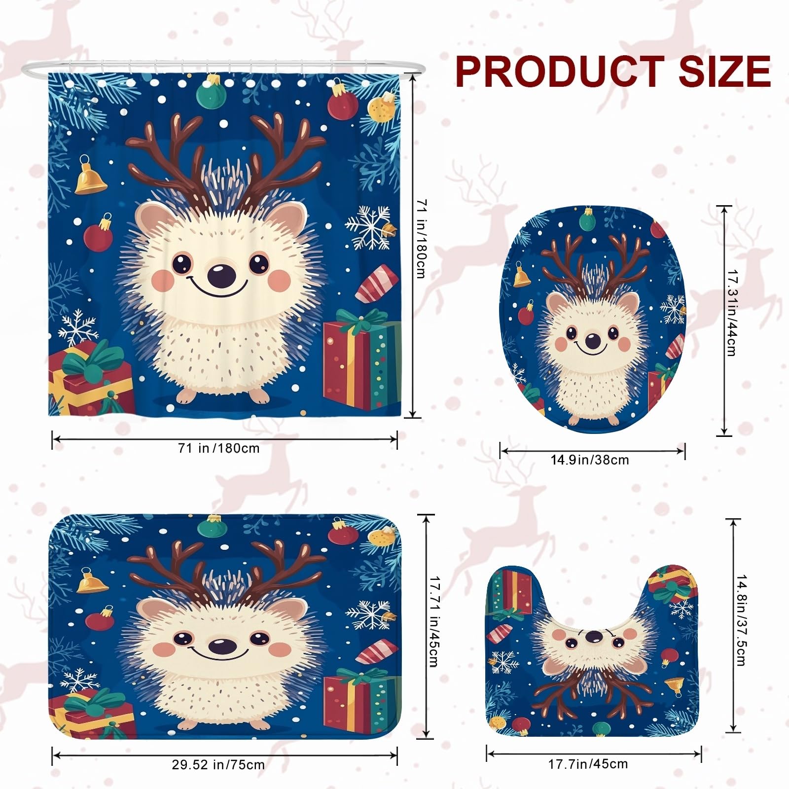 Juego de 4 accesorios de baño de erizo de Navidad con alfombra antideslizante, en forma de U y cubierta de tapa de inodoro, lindo y divertido para niños, decoración de baño de animales de Navidad, 72