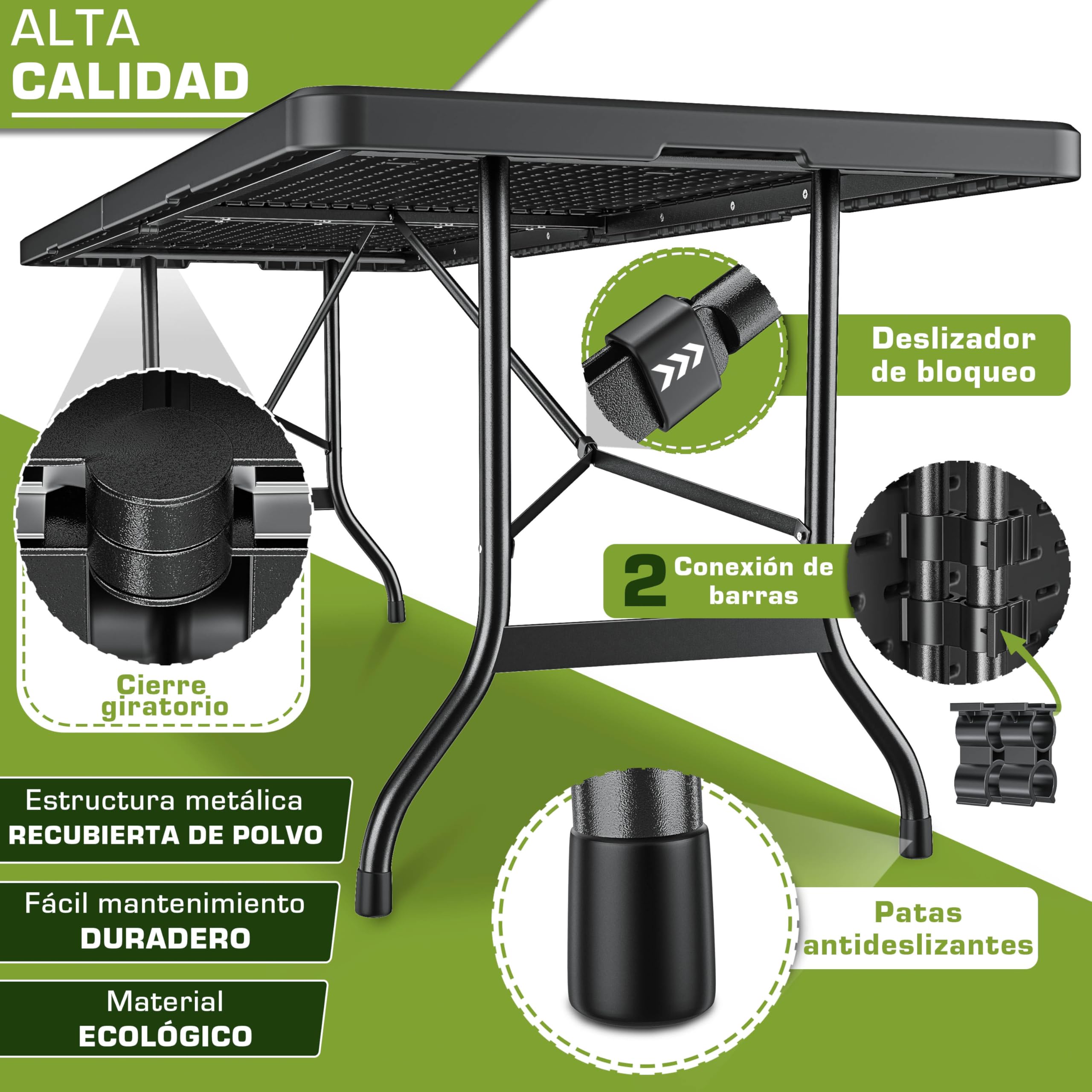 tillvex Mesa de jardín plegable de plástico de 180 x 75 cm, mesa de buffet con asa, mesa plegable para jardín, terraza y balcón, mesa de camping para 8 personas